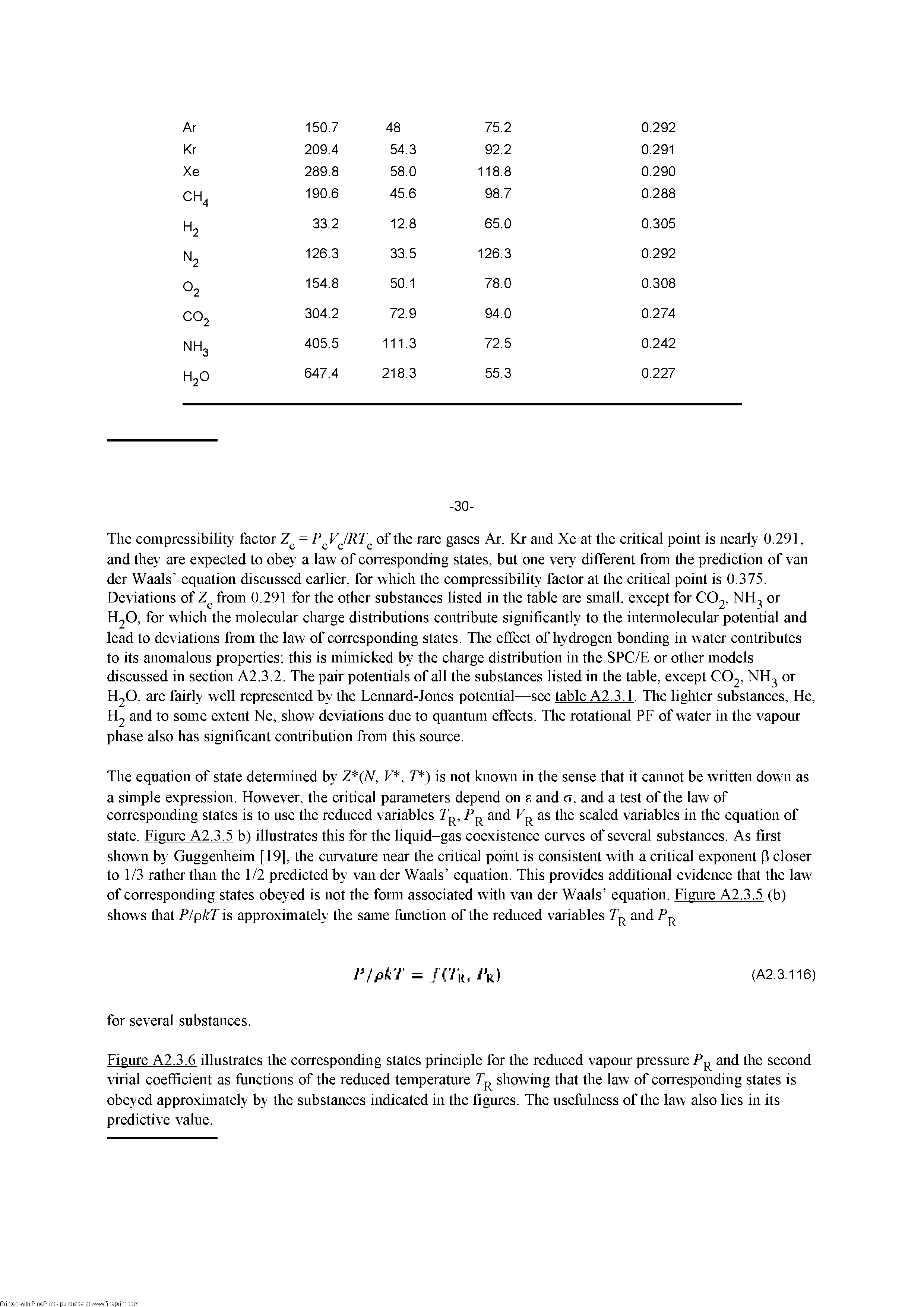 Figure A2.3.6 illustrates the corresponding states principle for the reduced vapour pressure P and the second virial coefficient as fiinctions of the reduced temperature showmg that the law of corresponding states is obeyed approximately by the substances indicated in the figures. The useflilness of the law also lies in its predictive value.