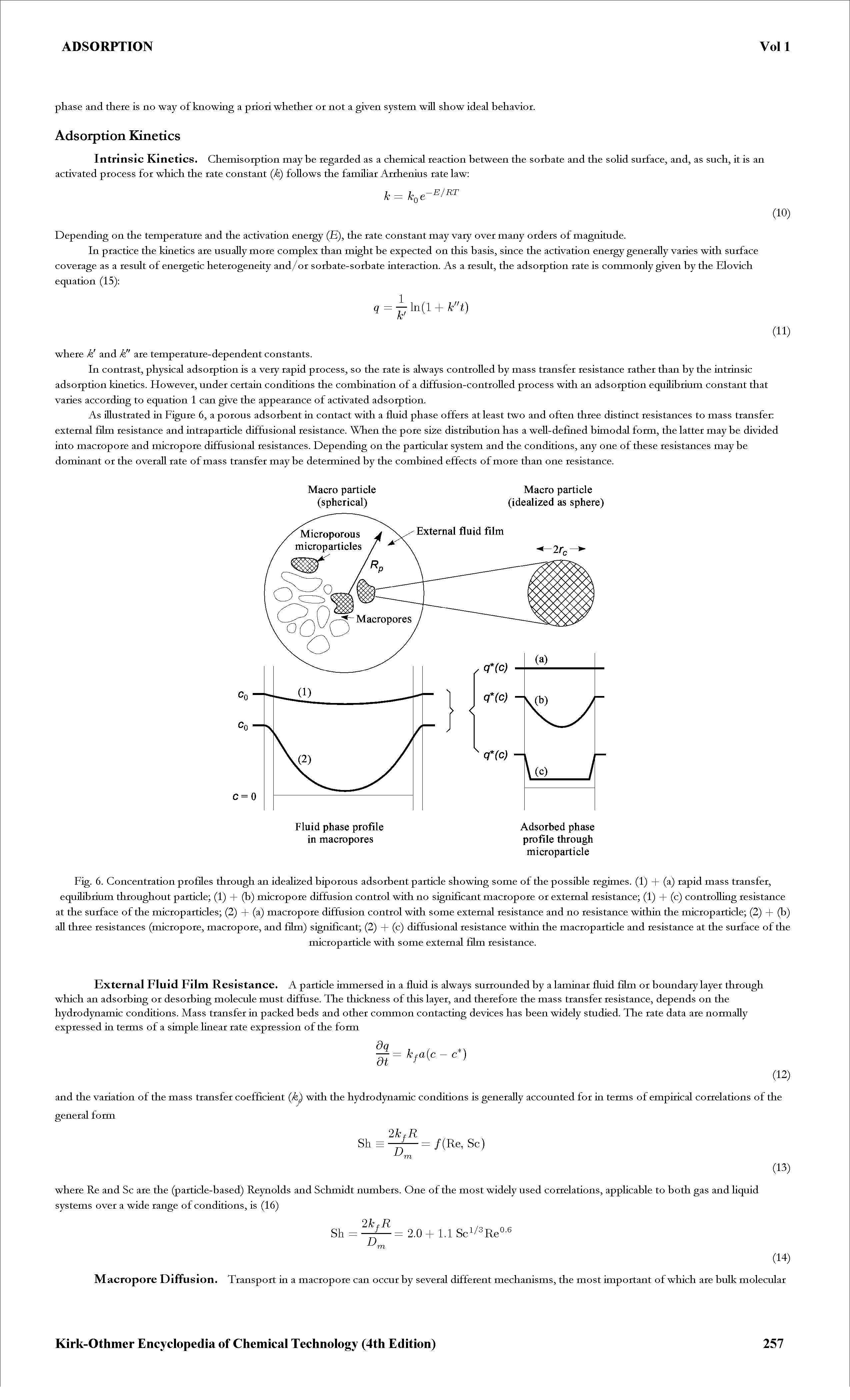 Fig. 6. Concentration profiles through an idealized biporous adsorbent particle showing some of the possible regimes. (1) + (a) rapid mass transfer, equihbrium throughout particle (1) + (b) micropore diffusion control with no significant macropore or external resistance (1) + (c) controlling resistance at the surface of the microparticles (2) + (a) macropore diffusion control with some external resistance and no resistance within the microparticle (2) + (b) all three resistances (micropore, macropore, and film) significant (2) + (c) diffusional resistance within the macroparticle and resistance at the surface of the...