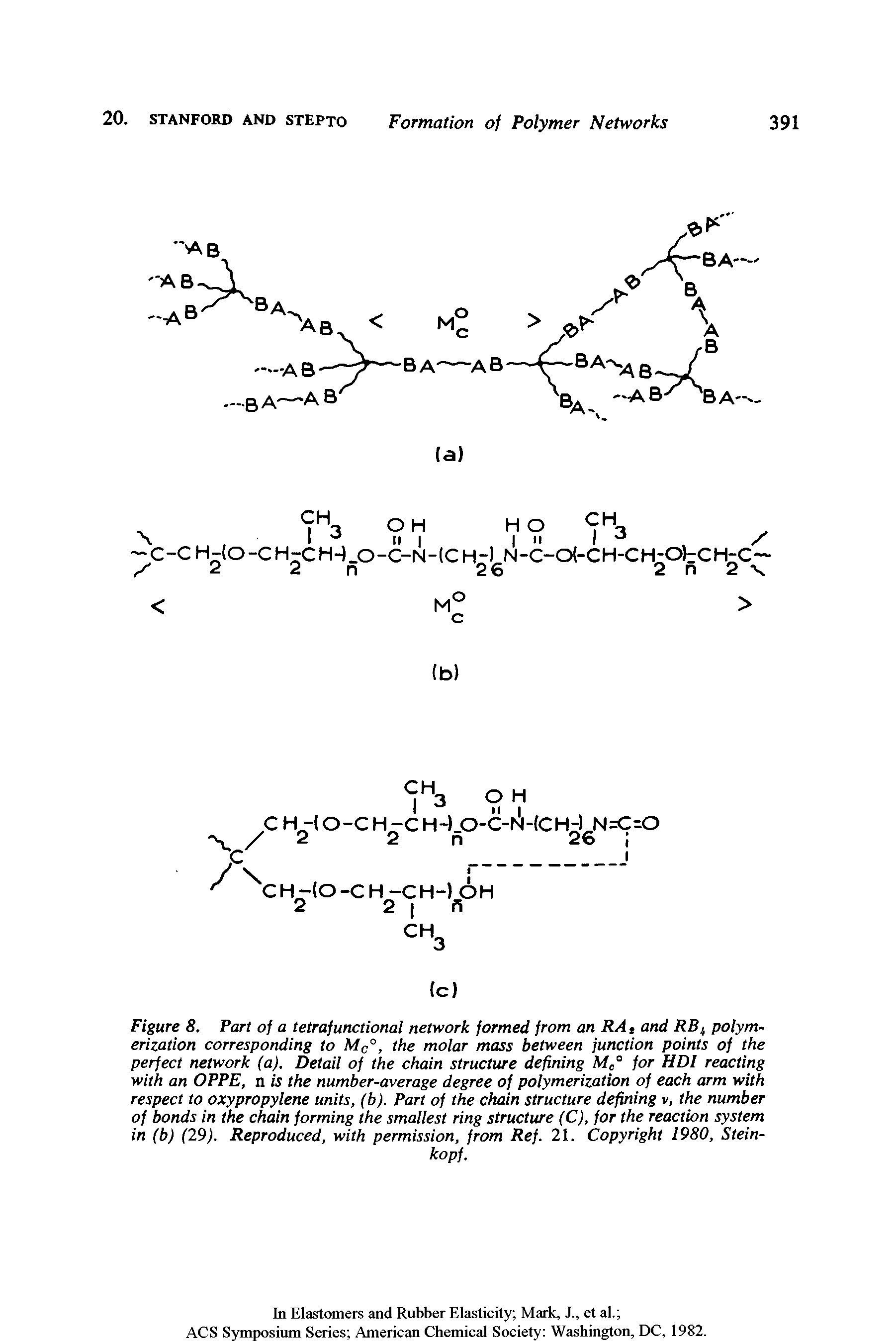 Figure 8. Part of a tetrafunctional network formed from an RA t and RBi polymerization corresponding to Mc°, the molar mass between junction points of the perfect network (a). Detail of the chain structure defining Mc° for HDl reacting with an OPPE, n is the number-average degree of polymerization of each arm with respect to oxypropylene units, (b). Part of the chain structure defining v, the number of bonds in the chain forming the smallest ring structure (C), for the reaction system in (b) (29). Reproduced, with permission, from Ref. 21. Copyright 1980, Stein-...