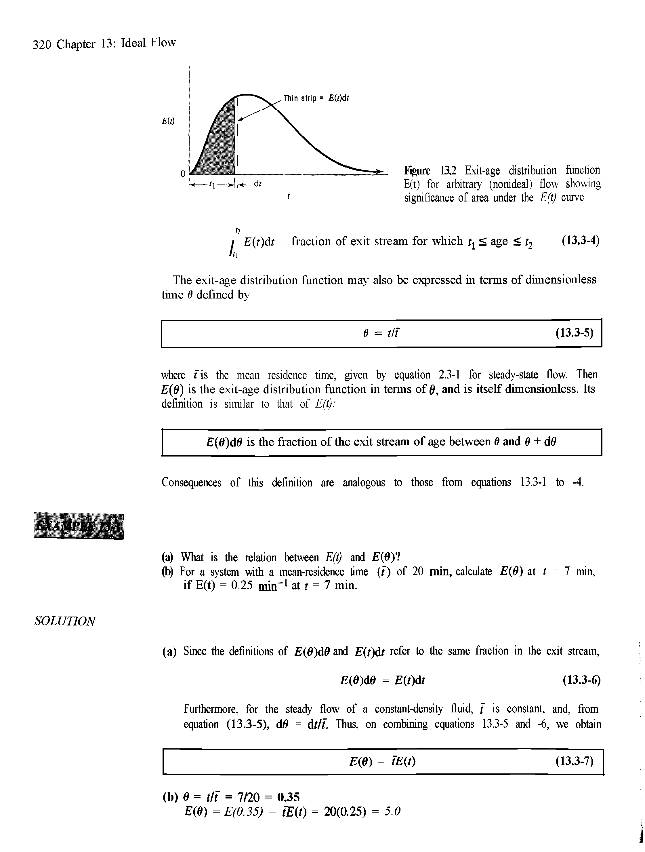 Figure 13.2 Exit-age distribution function E(t) for arbitrary (nonideal) flow showing significance of area under the E(t) curve...