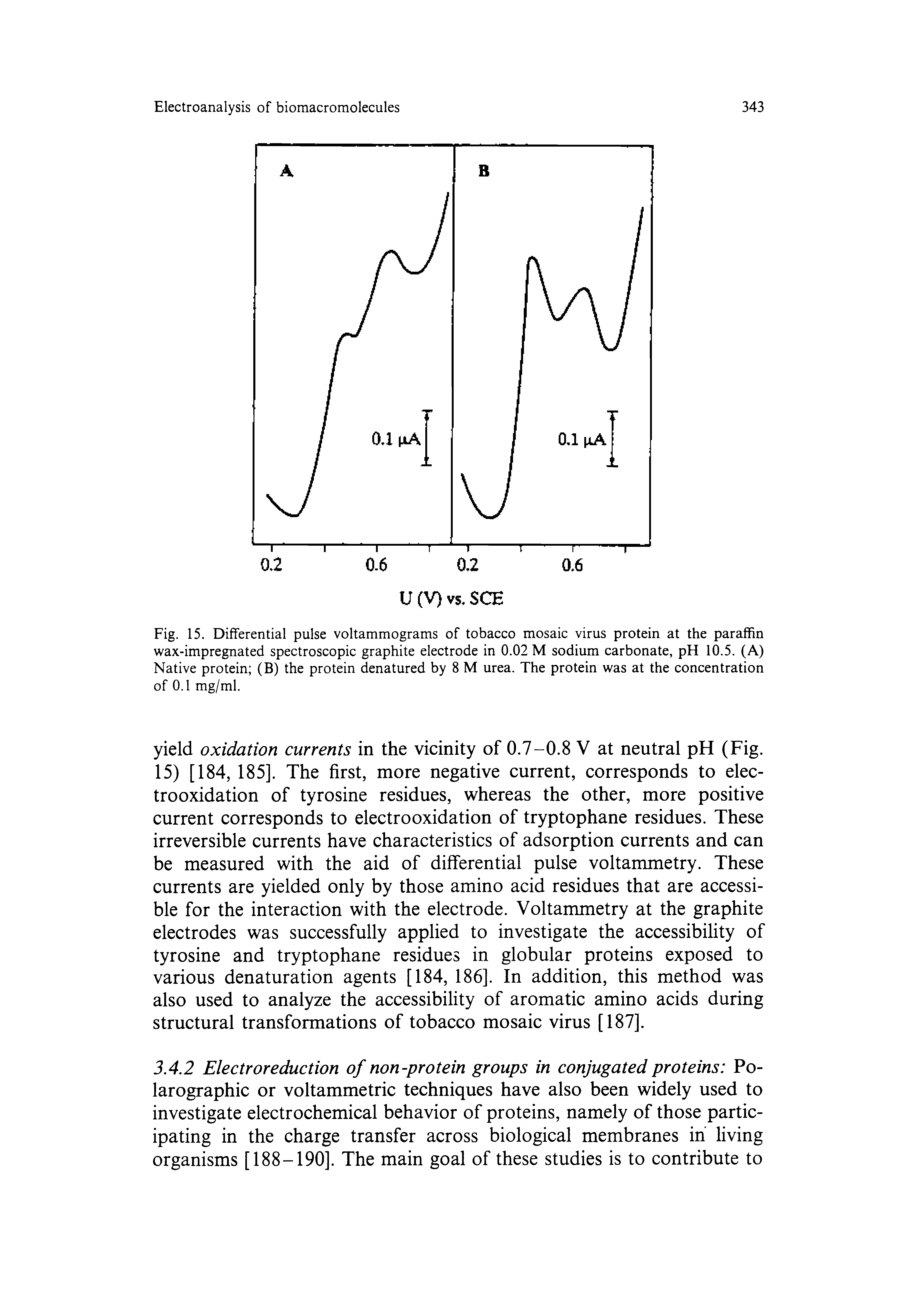 Fig. 15. Differential pulse voltammograms of tobacco mosaic virus protein at the paraffin wax-impregnated spectroscopic graphite electrode in 0.02 M sodium carbonate, pH 10.5. (A) Native protein (B) the protein denatured by 8 M urea. The protein was at the concentration of 0.1 mg/ml.