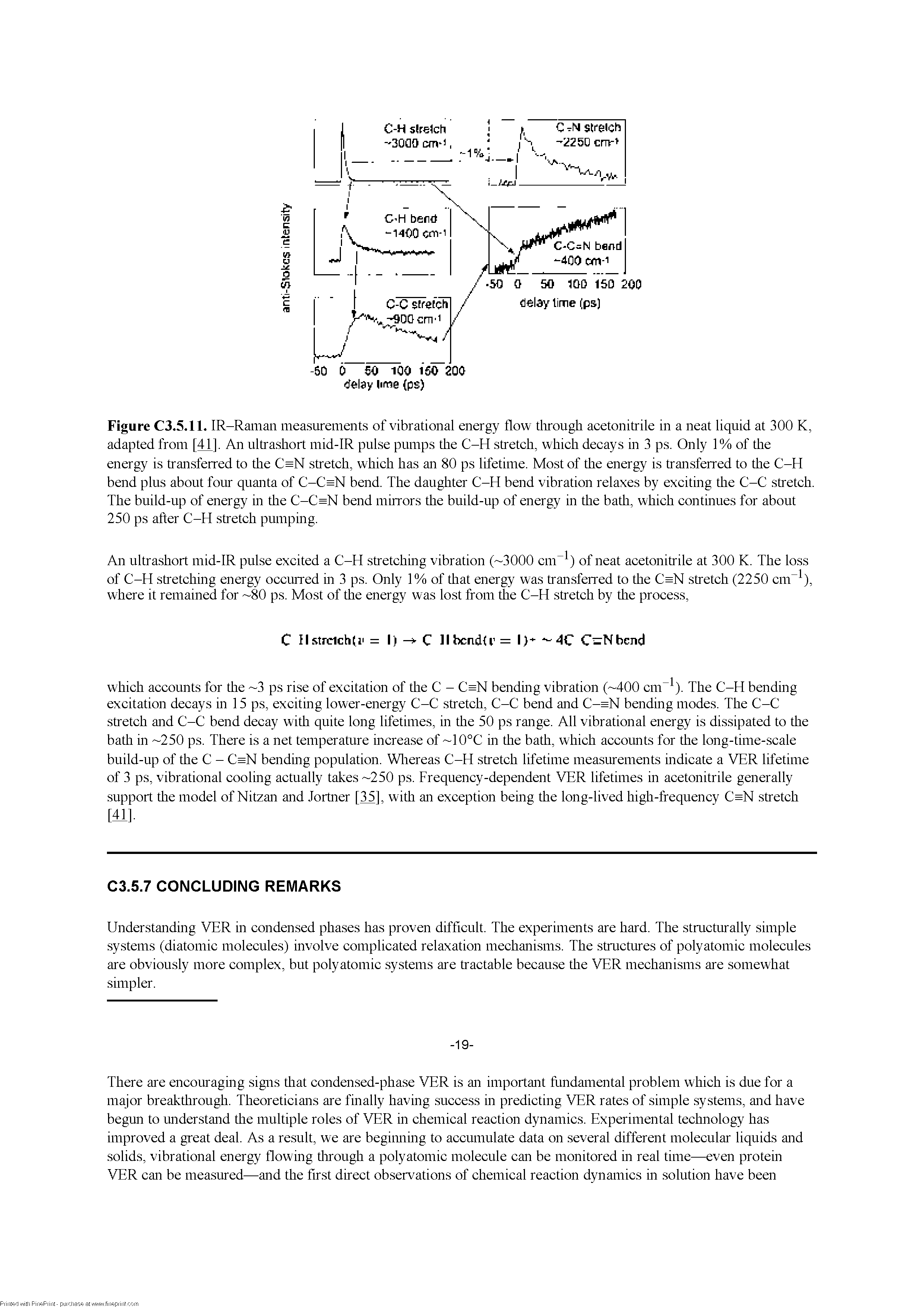 Figure C3.5.11. IR-Raman measurements of vibrational energy flow tlirough acetonitrile in a neat liquid at 300 K, adapted from [41], An ultrashort mid-IR pulse pumps the C-H stretch, which decays in 3 ps. Only 1% of the energy is transferred to the C N stretch, which has an 80 ps lifetime. Most of the energy is transferred to the C-H bend plus about four quanta of C-C=N bend. The daughter C-H bend vibration relaxes by exciting the C-C stretch. The build-up of energy in the C-C=N bend mirrors the build-up of energy in the bath, which continues for about 250 ps after C-H stretch pumping.