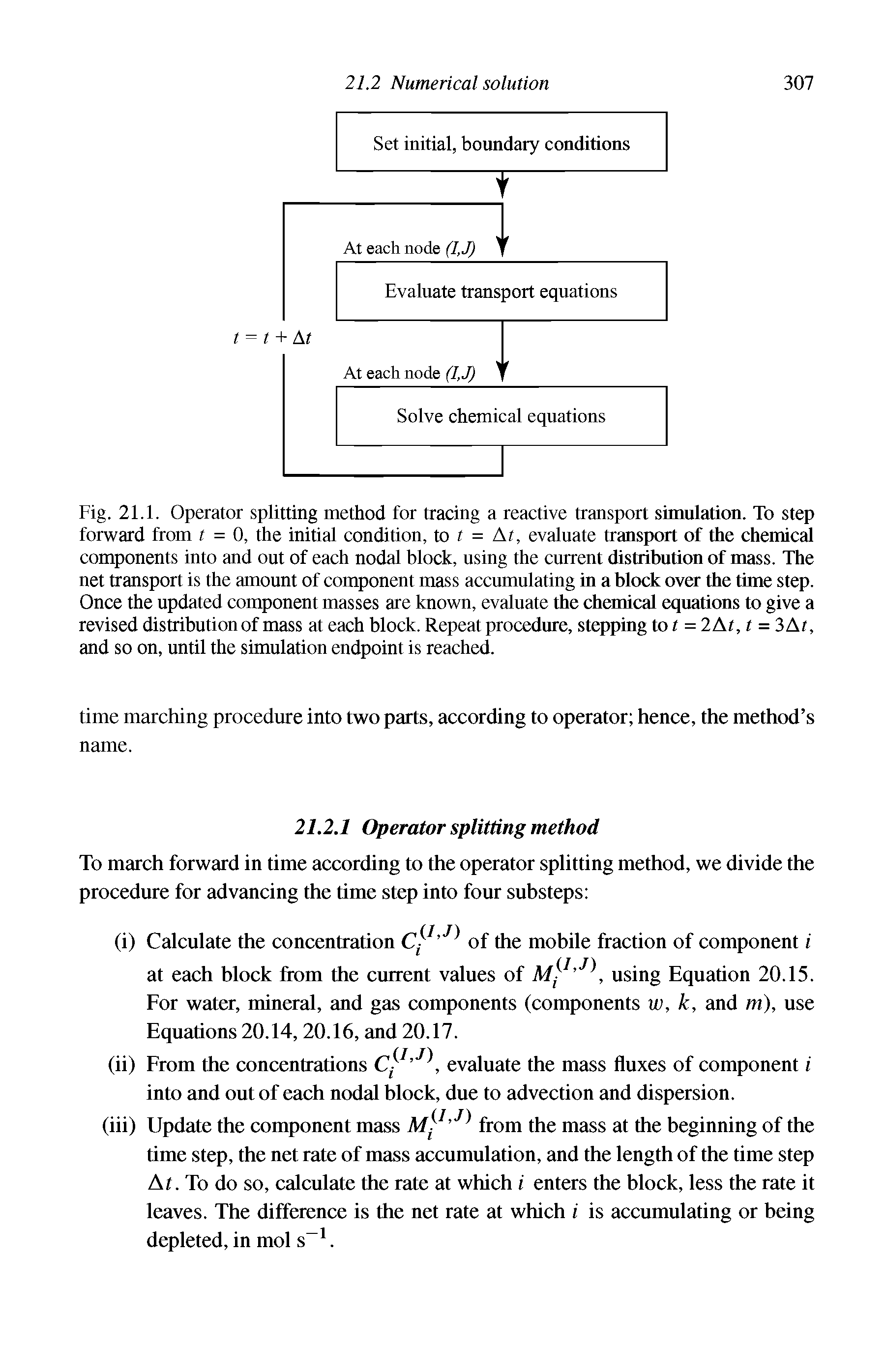 Fig. 21.1. Operator splitting method for tracing a reactive transport simulation. To step forward from t = 0, the initial condition, to t = At, evaluate transport of the chemical components into and out of each nodal block, using the current distribution of mass. The net transport is the amount of component mass accumulating in a block over the time step. Once the updated component masses are known, evaluate the chemical equations to give a revised distribution of mass at each block. Repeat procedure, stepping to t = 2At, t = 3 At, and so on, until the simulation endpoint is reached.