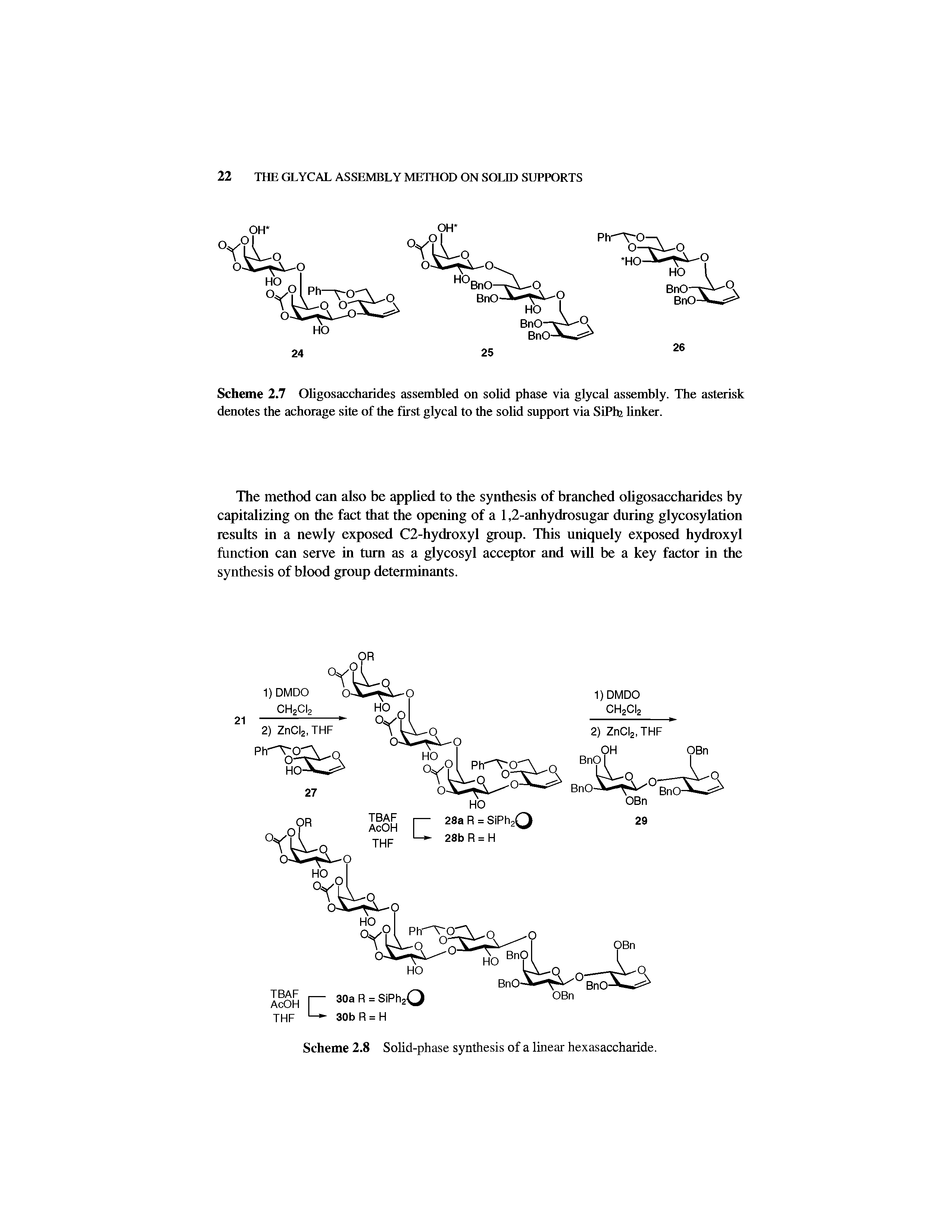 Scheme 2.7 Oligosaccharides assembled on solid phase via glycal assembly. The asterisk denotes the achorage site of the first glycal to the solid support via SiPtfe linker.