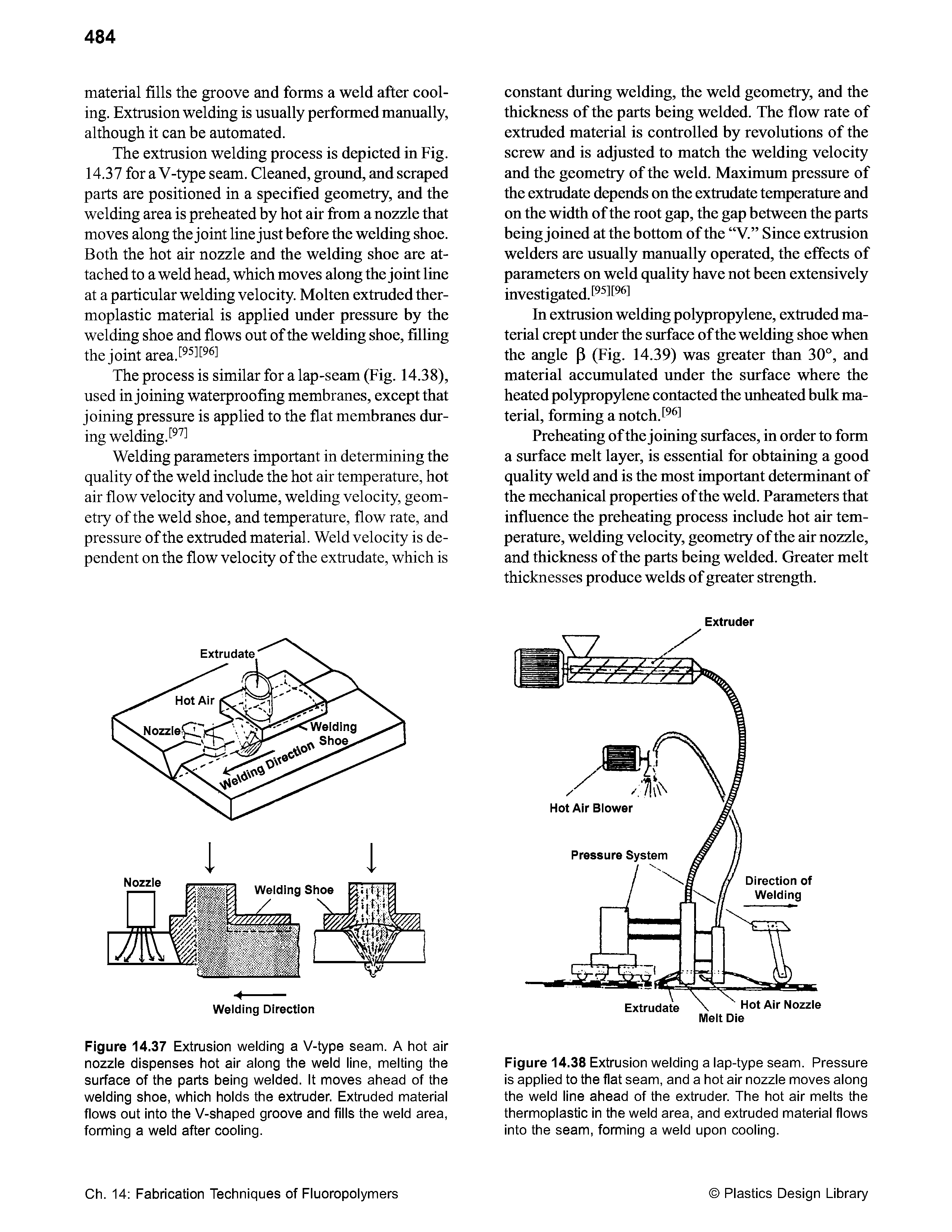 Figure 14.38 Extrusion welding a lap-type seam. Pressure is applied to the flat seam, and a hot air nozzle moves along the weld line ahead of the extruder. The hot air melts the thermoplastic in the weld area, and extruded material flows into the seam, forming a weld upon cooling.