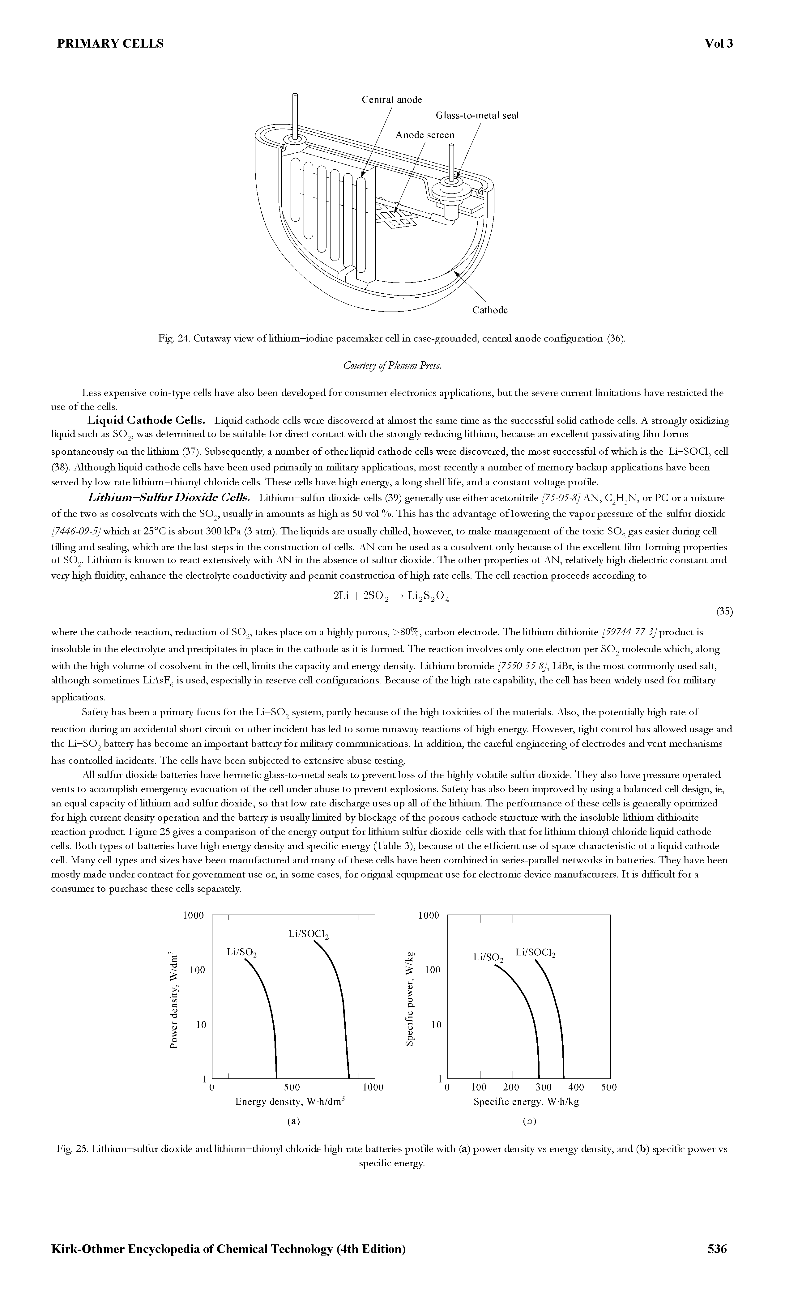 Fig. 25. Lithium—sulfur dioxide and lithium —tbionyl chloride high rate batteries profile with (a) power density vs energy density, and (b) specific power vs...