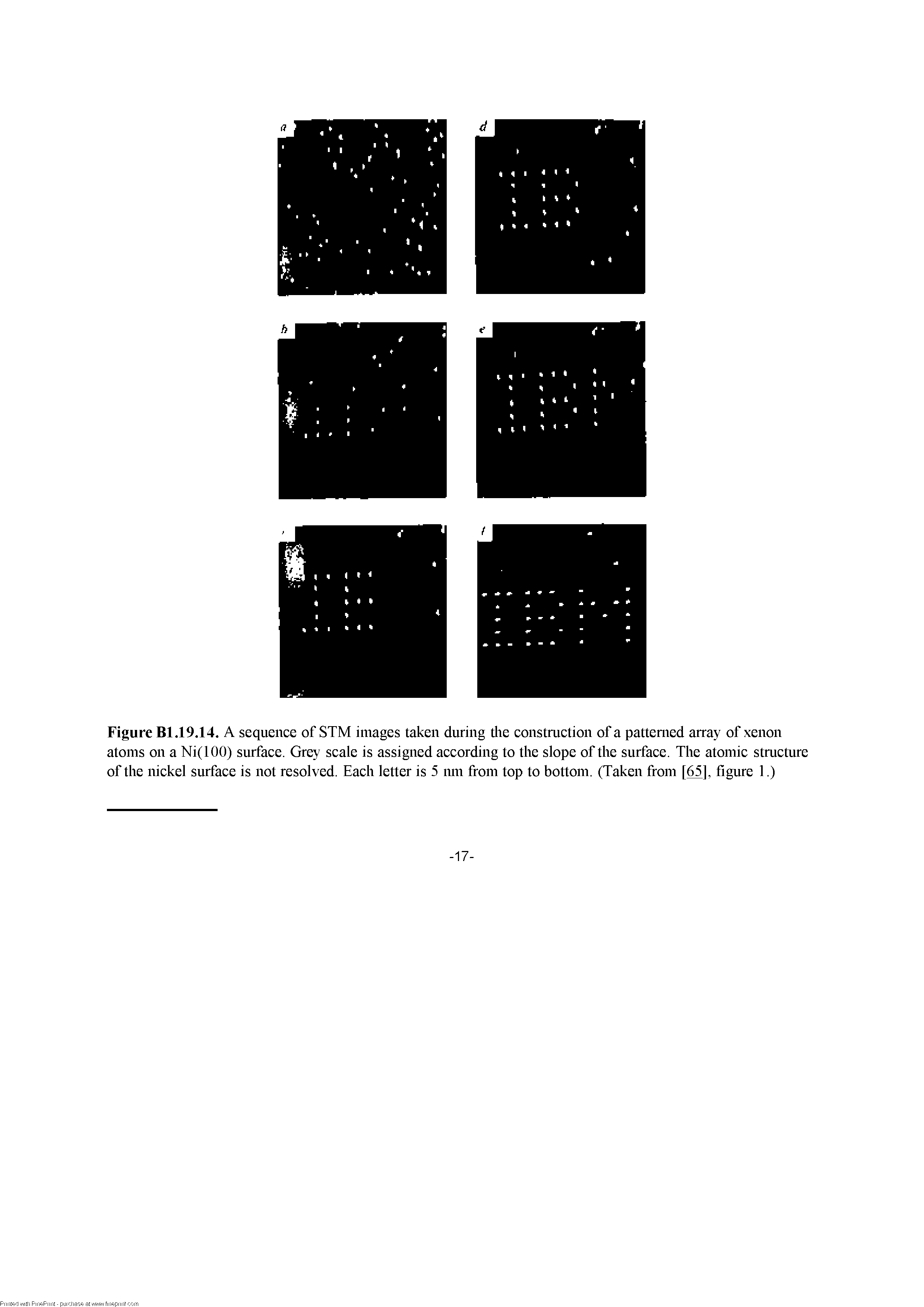 Figure Bl.19.14. A sequence of STM images taken during tire construction of a patterned array of xenon atoms on a Ni(lOO) surface. Grey scale is assigned according to the slope of the surface. The atomic structure of the nickel surface is not resolved. Each letter is 5 mn from top to bottom. (Taken from [ ], figure 1.)...