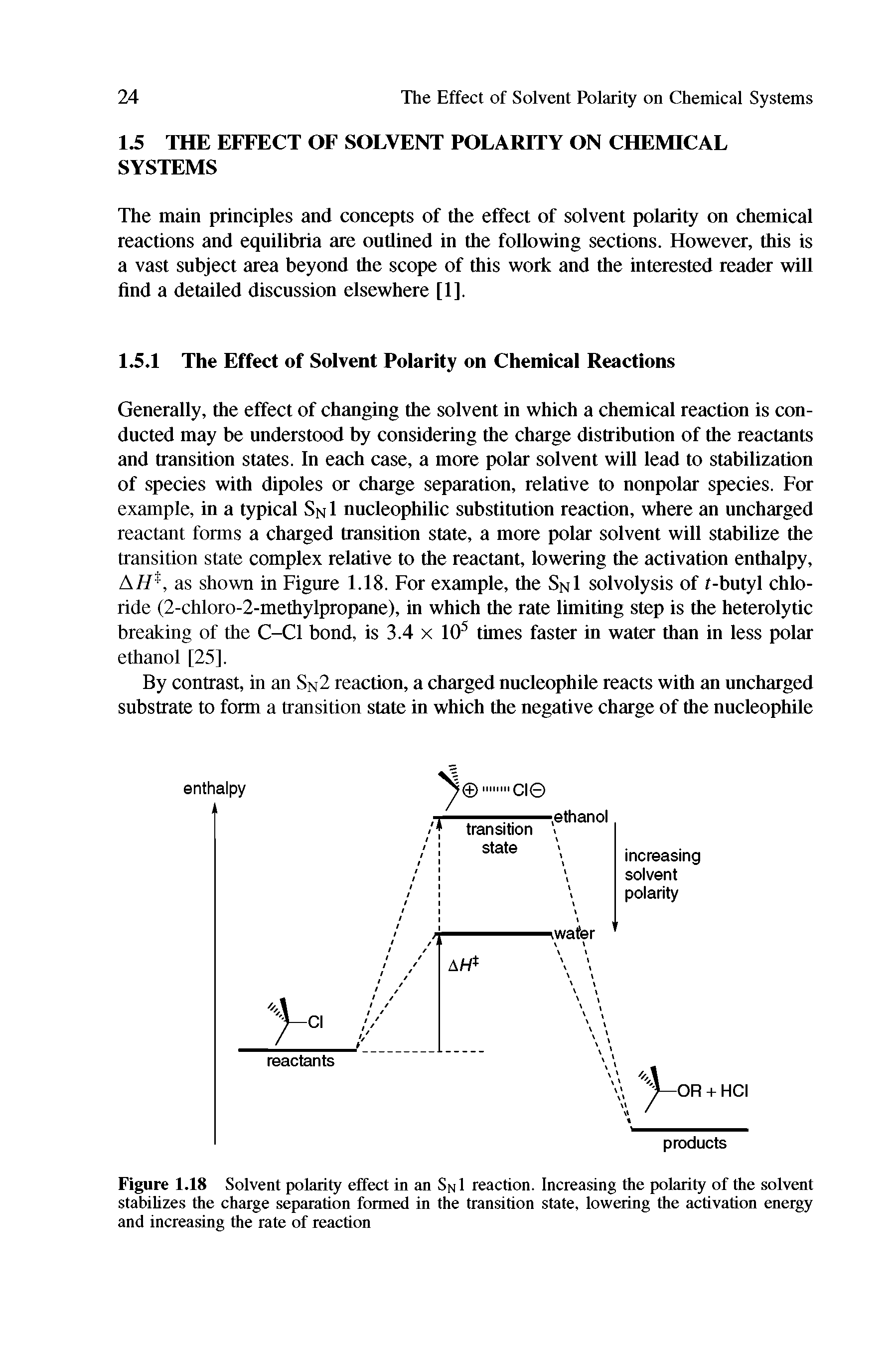 Figure 1.18 Solvent polarity effect in an Sn 1 reaction. Increasing the polarity of the solvent stabihzes the charge separation formed in the transition state, lowering the activation energy and increasing the rate of reaction...