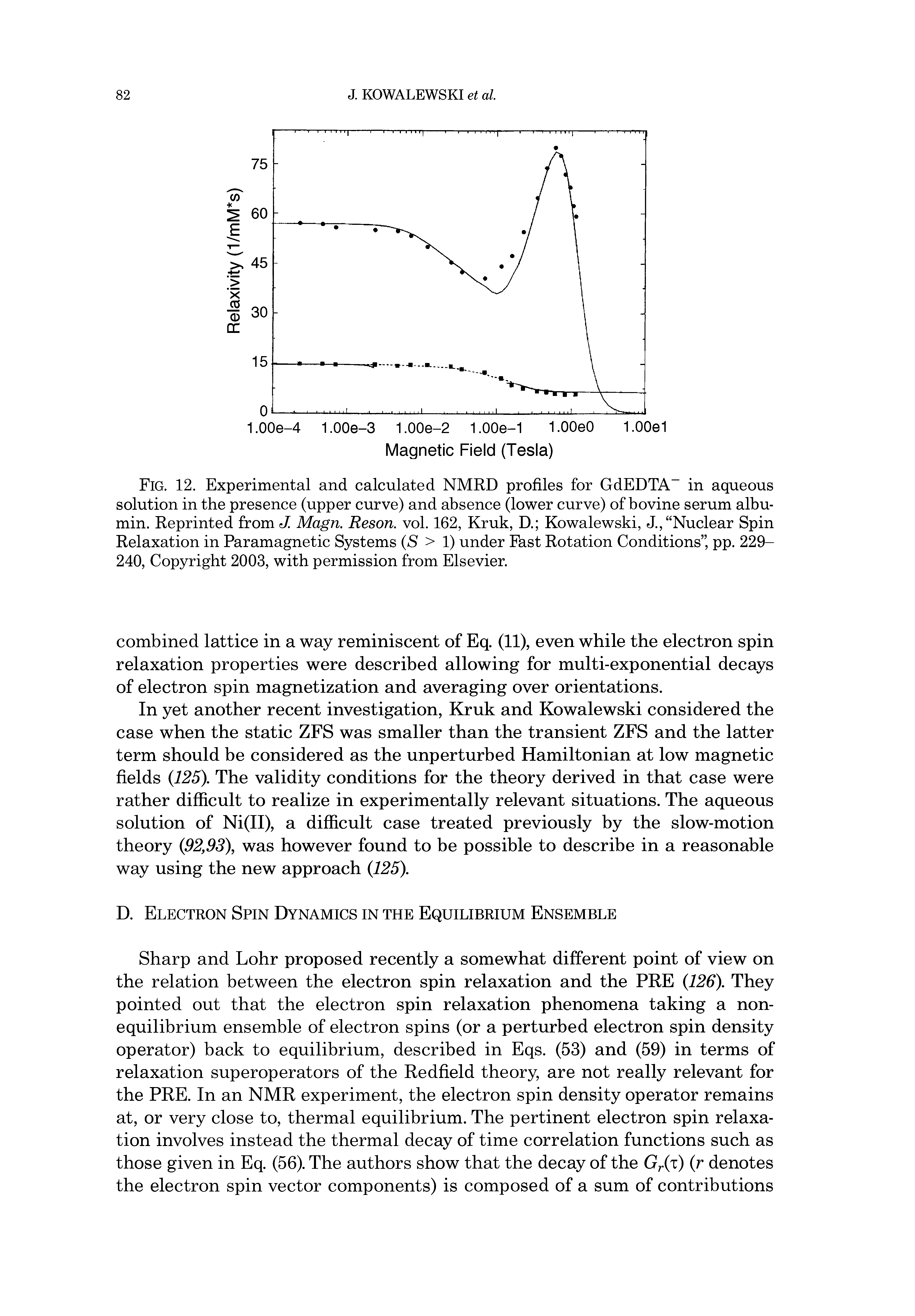 Fig. 12. Experimental and calculated NMRD profiles for GdEDTA in aqueous solution in the presence (upper curve) and absence (lower curve) of bovine serum albumin. Reprinted from J. Magn. Reson. vol. 162, Kruk, D. Kowalewski, J., Nuclear Spin Relaxation in Paramagnetic Systems (S > 1) under Fast Rotation Conditions , pp. 229-240, Copyright 2003, with permission from Elsevier.