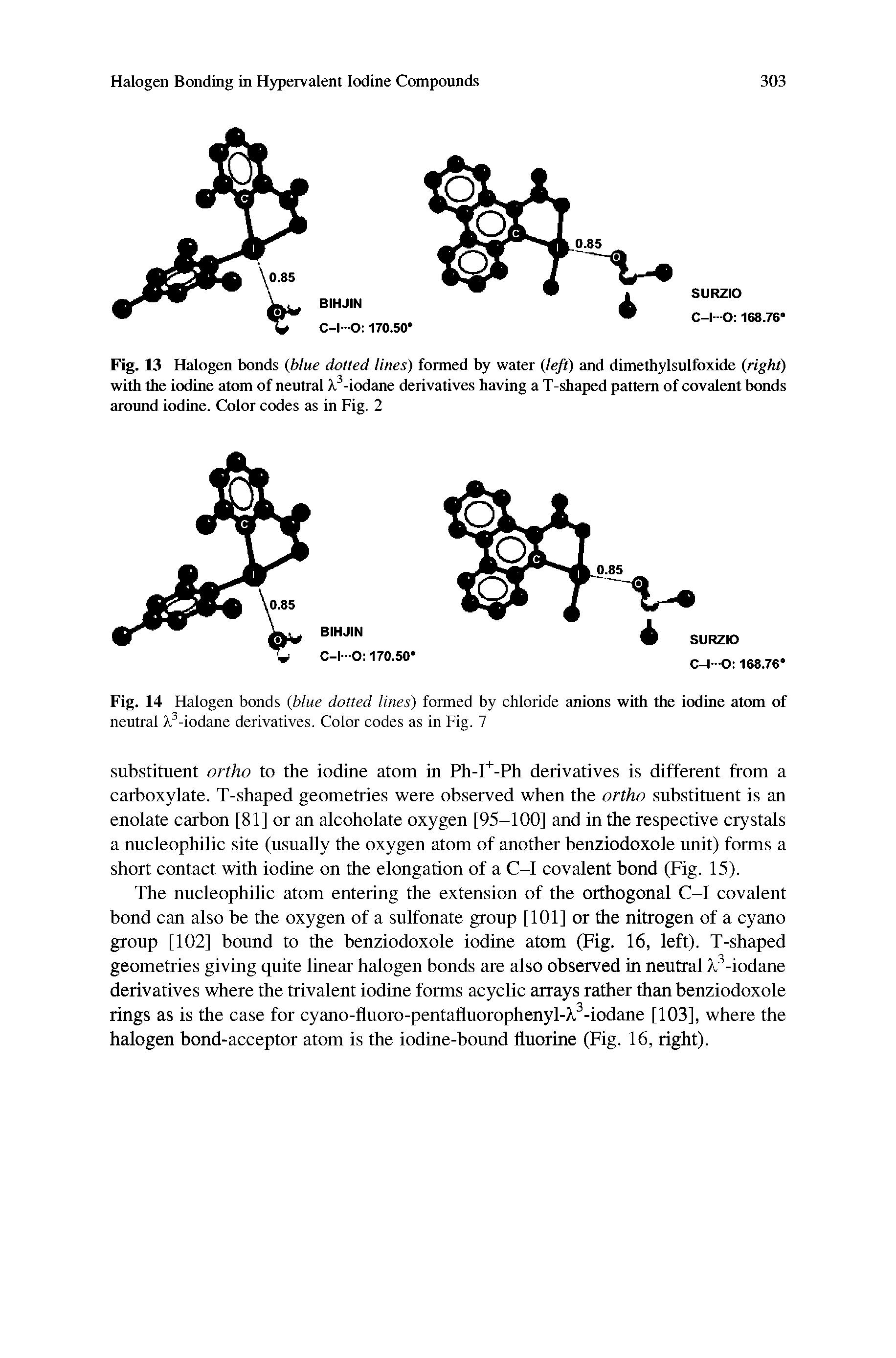 Fig. 14 Halogen bonds blue dotted lines) formed by chloride anions with the iodine atom of neutral X -iodane derivatives. Color codes as in Fig. 7...