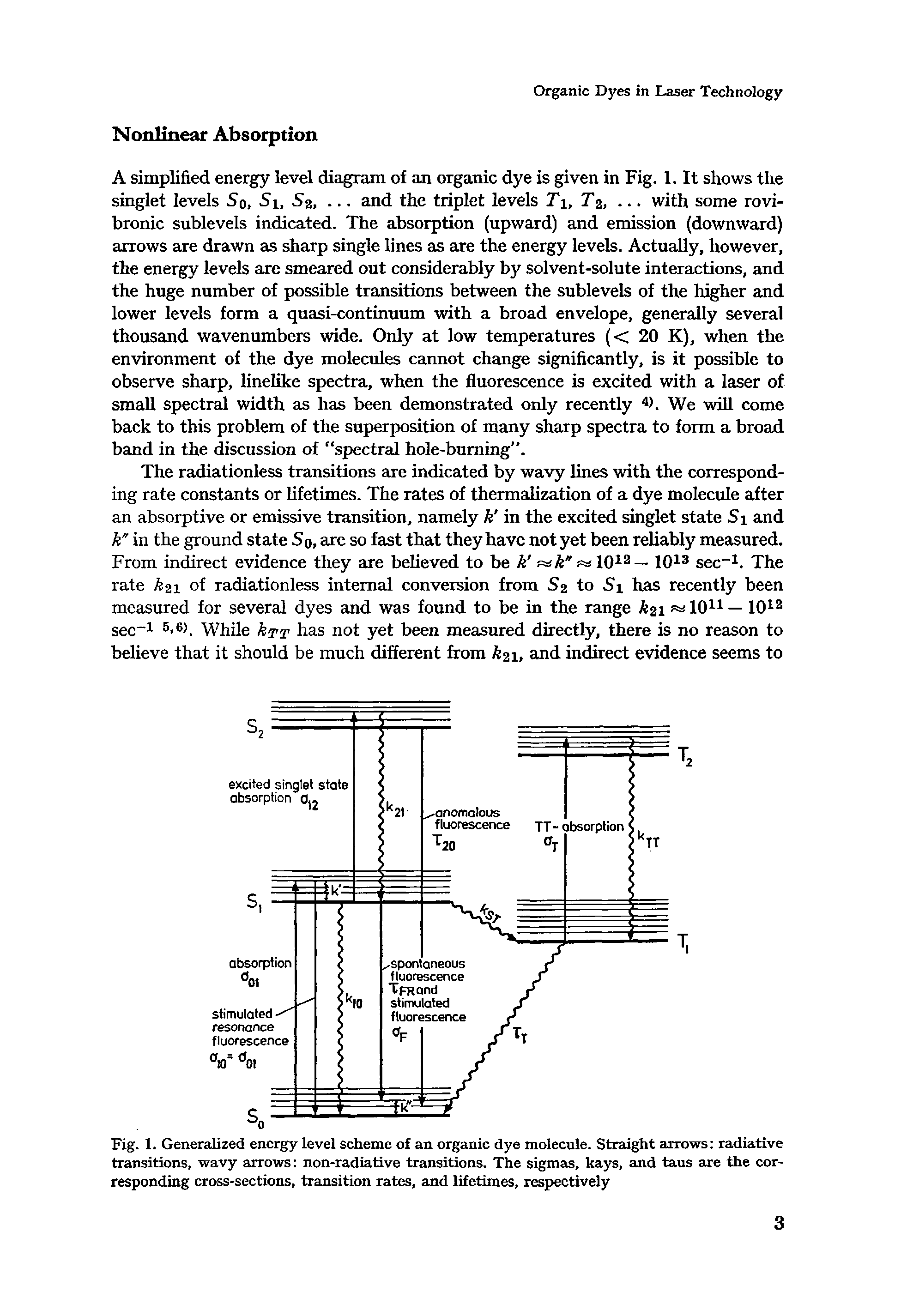 Fig. 1. Generalized energy level scheme of an organic dye molecule. Straight arrows radiative transitions, wavy arrows non-radiative transitions. The sigmas, kays, and taus are the corresponding cross-sections, transition rates, and lifetimes, respectively...