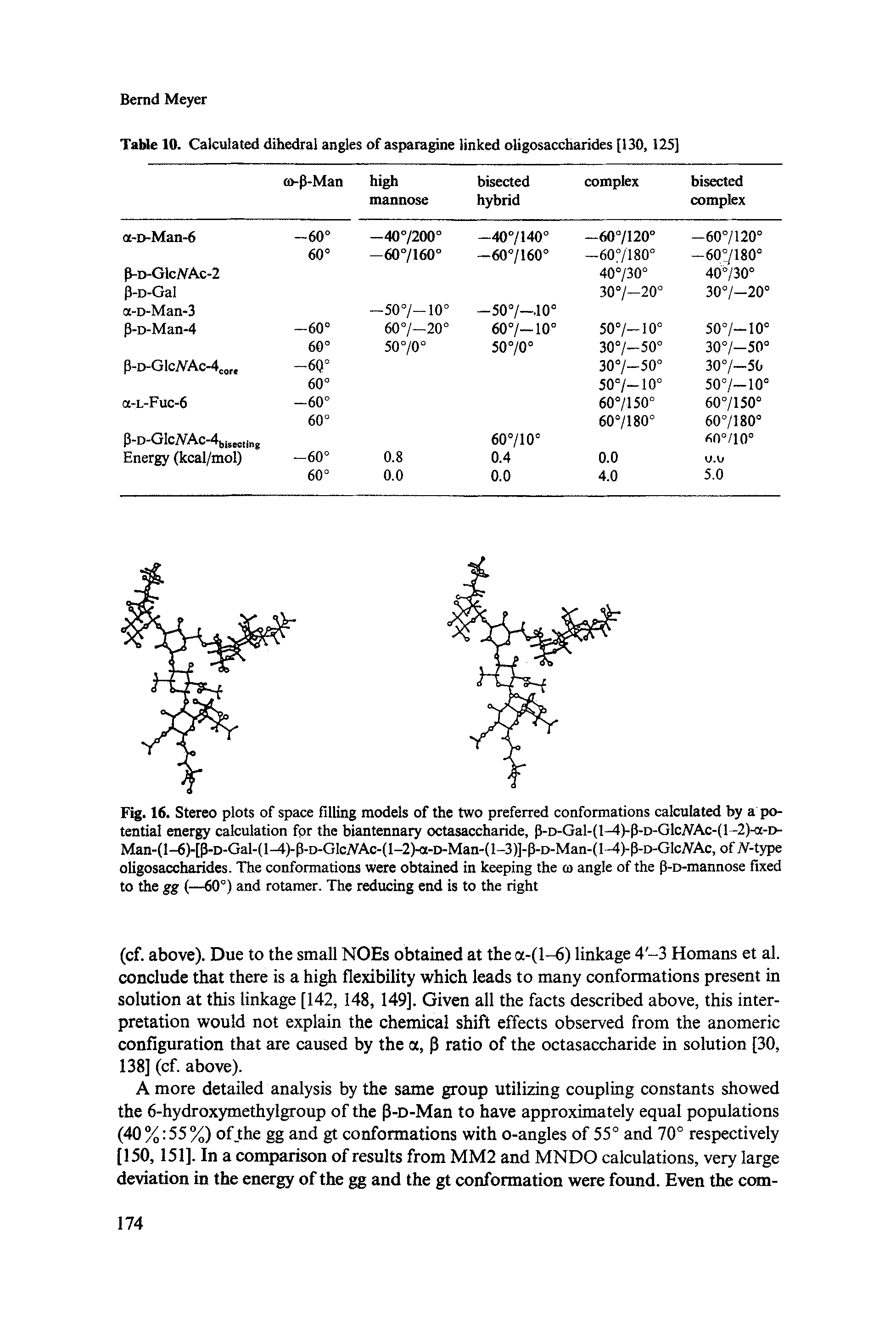 Fig. 16. Stereo plots of space filling models of the two preferred conformations calculated by a potential energy calculation for the biantennary octasaccharide, p-D-Gal-(l-4)-P-D-Glc.NAc-(l-2)-<x-D-Man-(l-6)-[P-D-Gal-(l-4)-P-D-GIcAAc-(l-2)-a-D-Man-(l-3)]-p-D-Man-(l-4)-P-D-GlciVAc, ofiV-type oligosaccharides. The conformations were obtained in keeping the to angle of the p-D-mannose fixed to the gg (—60°) and rotamer. The reducing end is to the right...