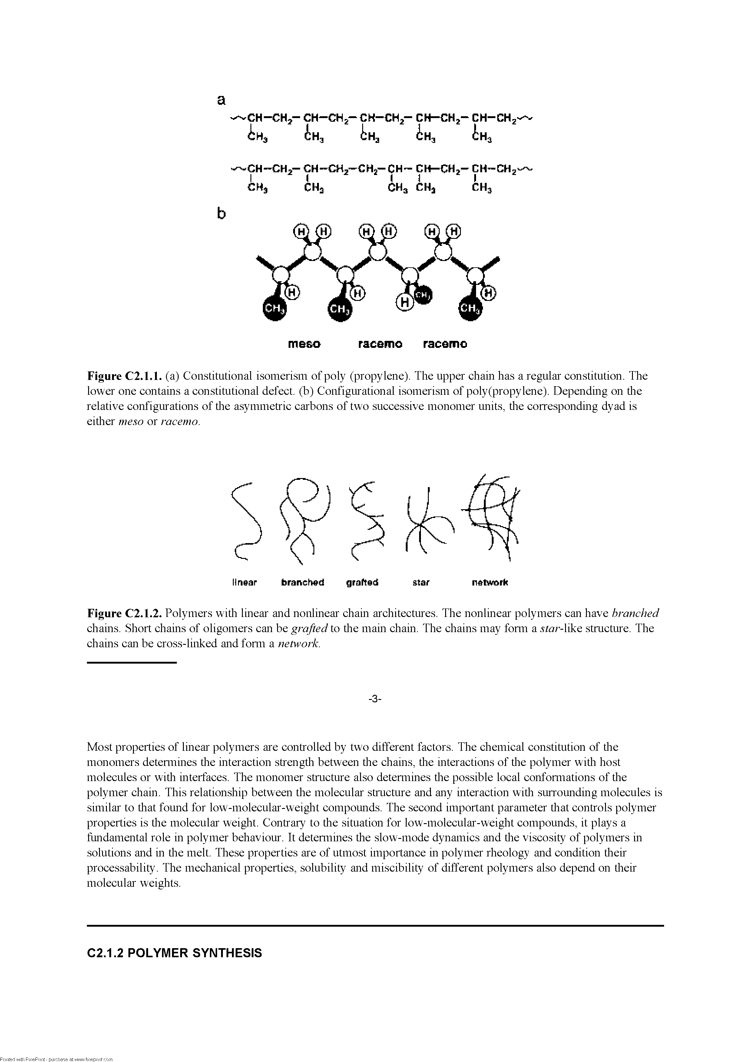 Figure C2.1.1. (a) Constitutional isomerism of poly (propylene). The upper chain has a regular constitution. The lower one contains a constitutional defect, (b) Configurational isomerism of poly(propylene). Depending on tire relative configurations of tire asymmetric carbons of two successive monomer units, tire corresponding dyad is eitlier meso or racemo.