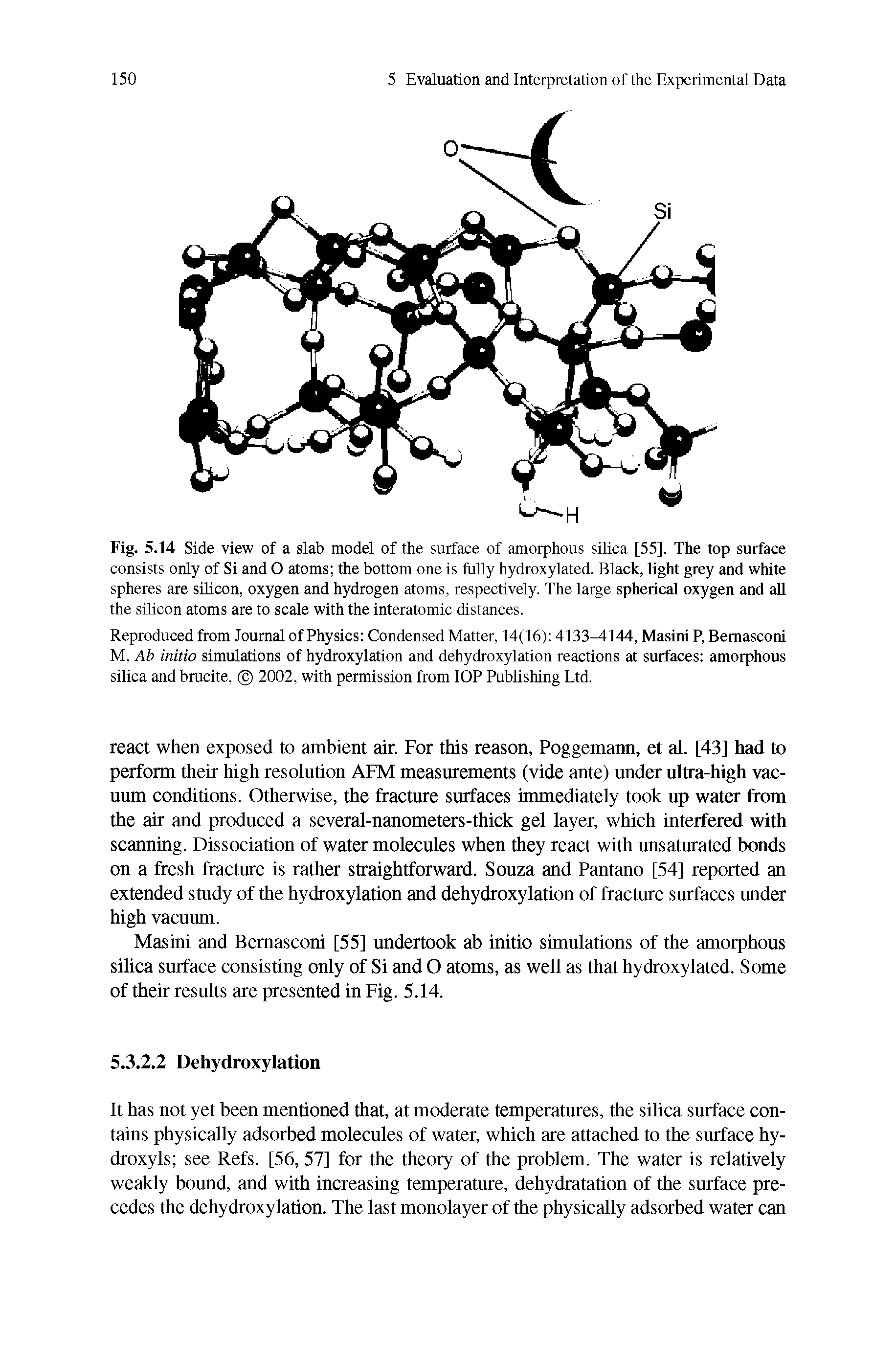 Fig. 5.14 Side view of a slab model of the surface of amorphous silica [55]. The top surface consists only of Si and O atoms the bottom one is fully hydroxylated. Black, light grey and white spheres are silicon, oxygen and hydrogen atoms, respectively. The large spherical oxygen and all the silicon atoms are to scale with the interatomic distances.