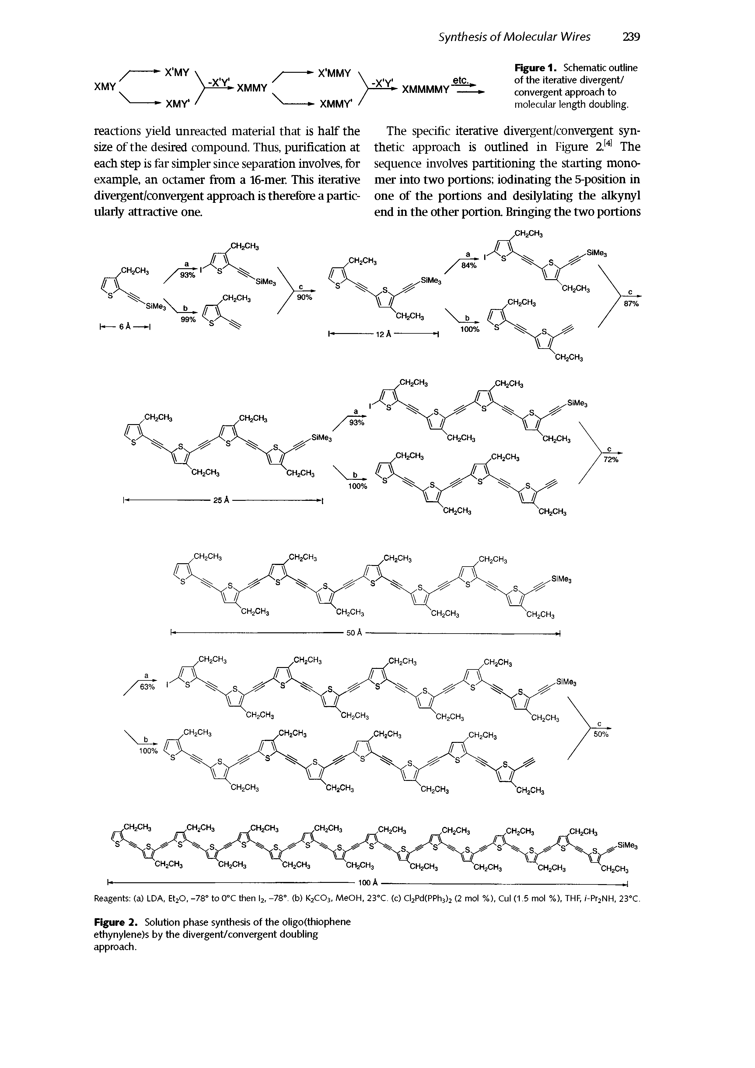 Figure 2. Solution phase synthesis of the oligo(thiophene ethynylene)s by the divergent/convergent doubling approach.