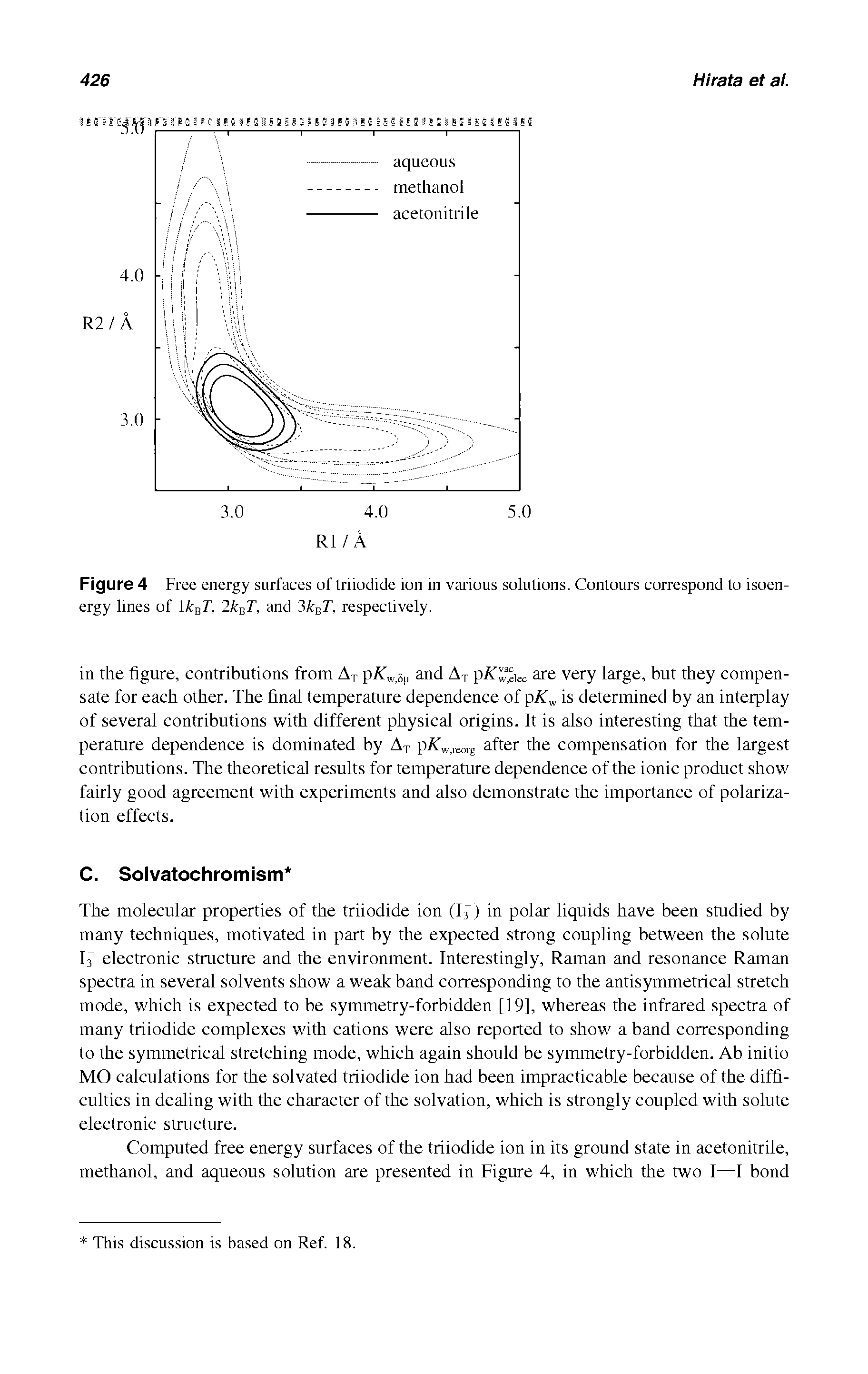 Figure 4 Free energy surfaces of triiodide ion in various solutions. Contours correspond to isoenergy lines of IkgT, Ik T, and 3kgT, respectively.