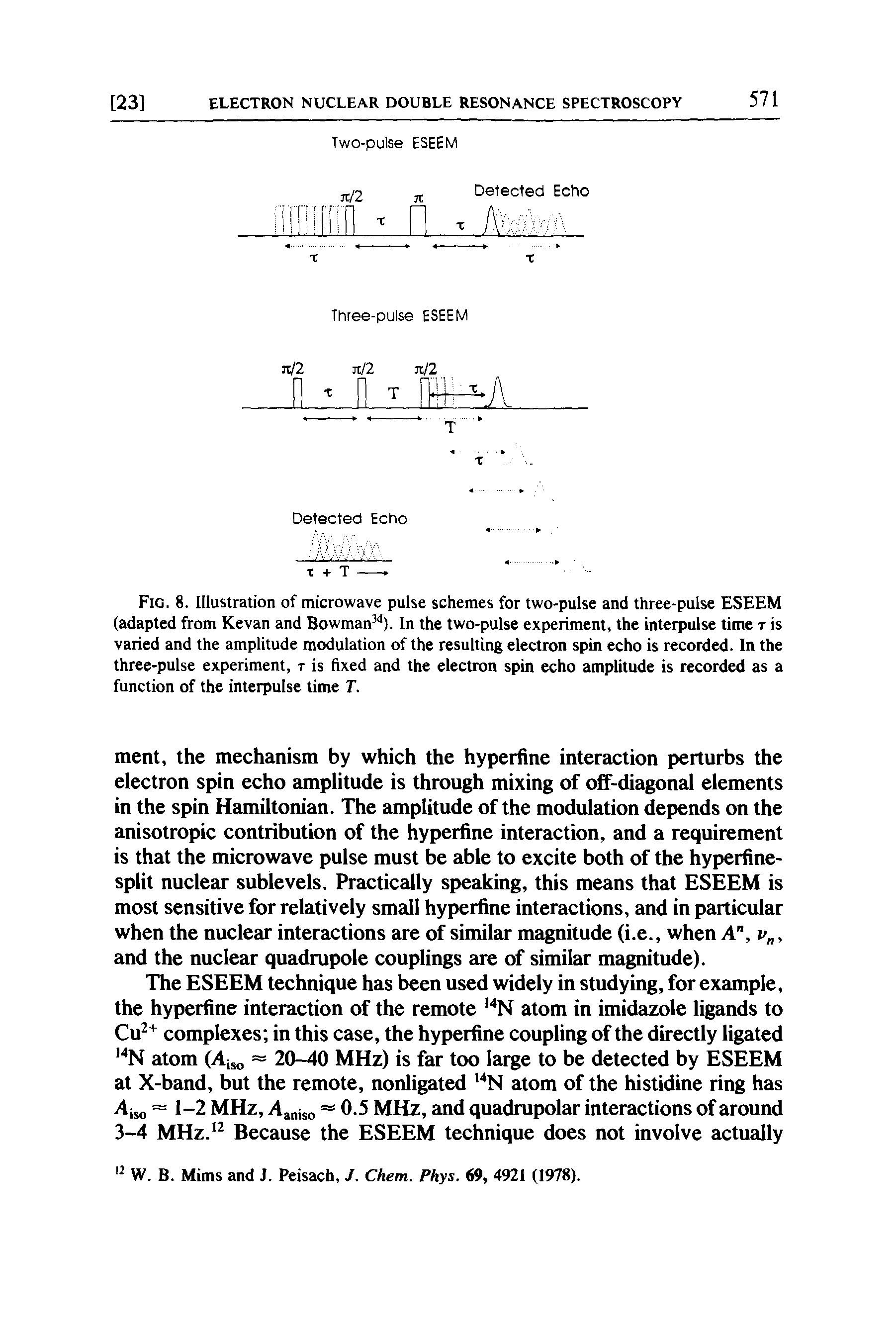 Fig. 8. Illustration of microwave pulse schemes for two-pulse and three-pulse ESEEM (adapted from Kevan and Bowman ). In the two-pulse experiment, the interpulse time t is varied and the amplitude modulation of the resulting electron spin echo is recorded. In the three-pulse experiment, t is fixed and the electron spin echo amplitude is recorded as a function of the interpulse time T.