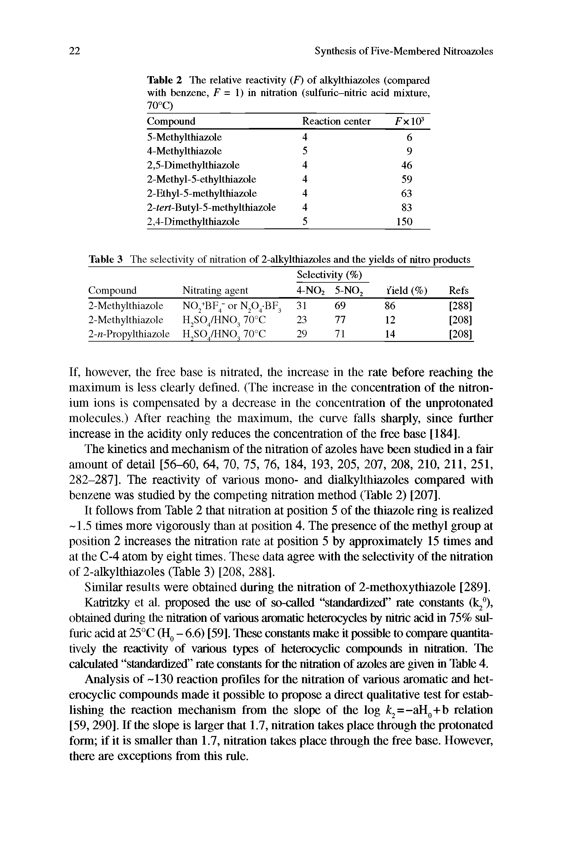 Table 2 The relative reactivity (F) of afkylthiazoles (compared with benzene, F = 1) in nitration (sulfuric-nitric acid mixture, 70°C)...