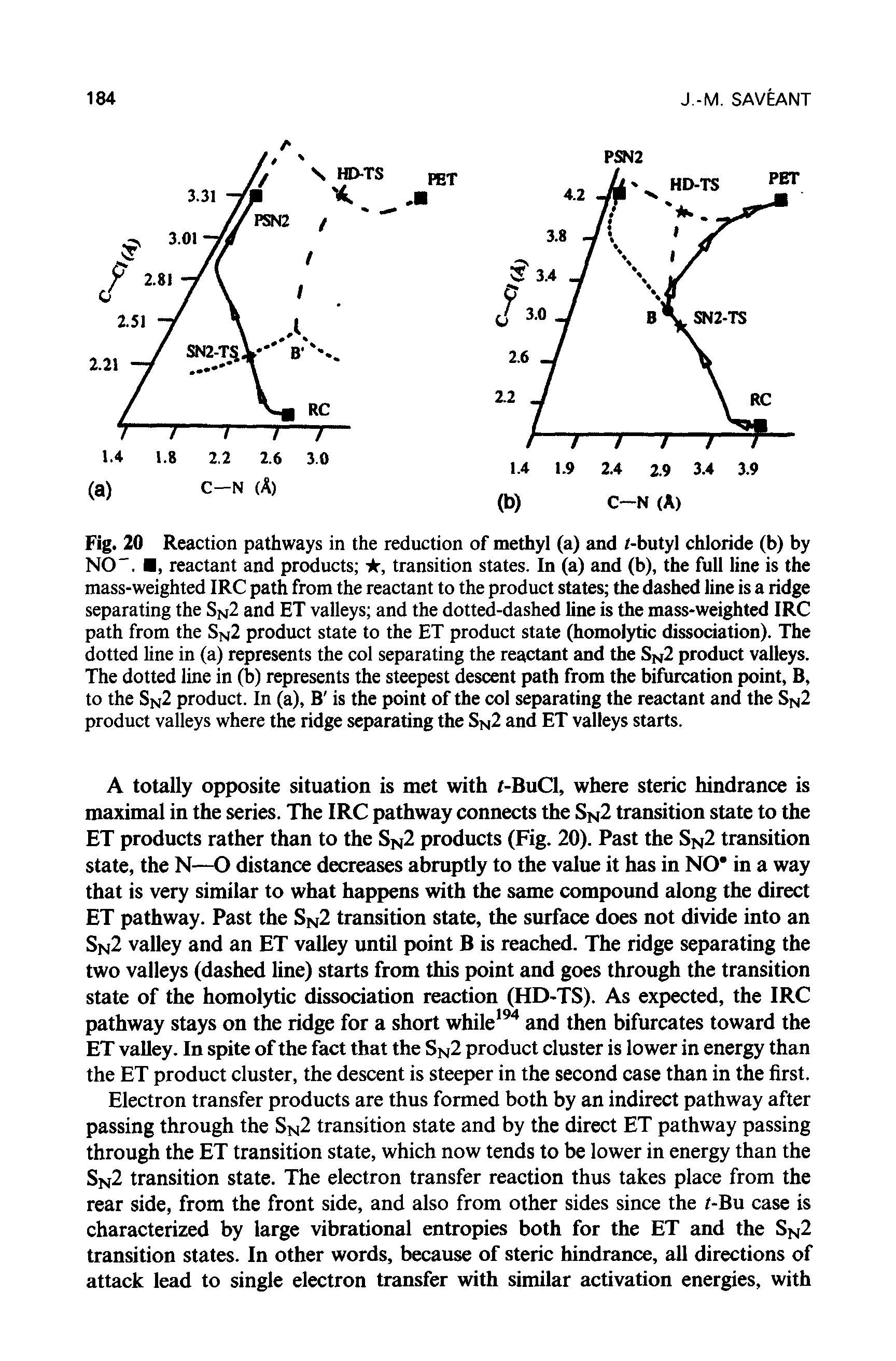 Fig. 20 Reaction pathways in the reduction of methyl (a) and /-butyl chloride (b) by NO". , reactant and products , transition states. In (a) and (b), the full line is the mass-weighted IRC path from the reactant to the product states the dashed line is a ridge separating the Sn2 and ET valleys and the dotted-dashed line is the mass-weighted IRC path from the Sn2 product state to the ET product state (homolytic dissociation). The dotted line in (a) represents the col separating the reactant and the SN2 product valleys. The dotted line in (b) represents the steepest descent path from the bifurcation point, B, to the Sn2 product. In (a), B is the point of the col separating the reactant and the SN2 product valleys where the ridge separating the SN2 and ET valleys starts.