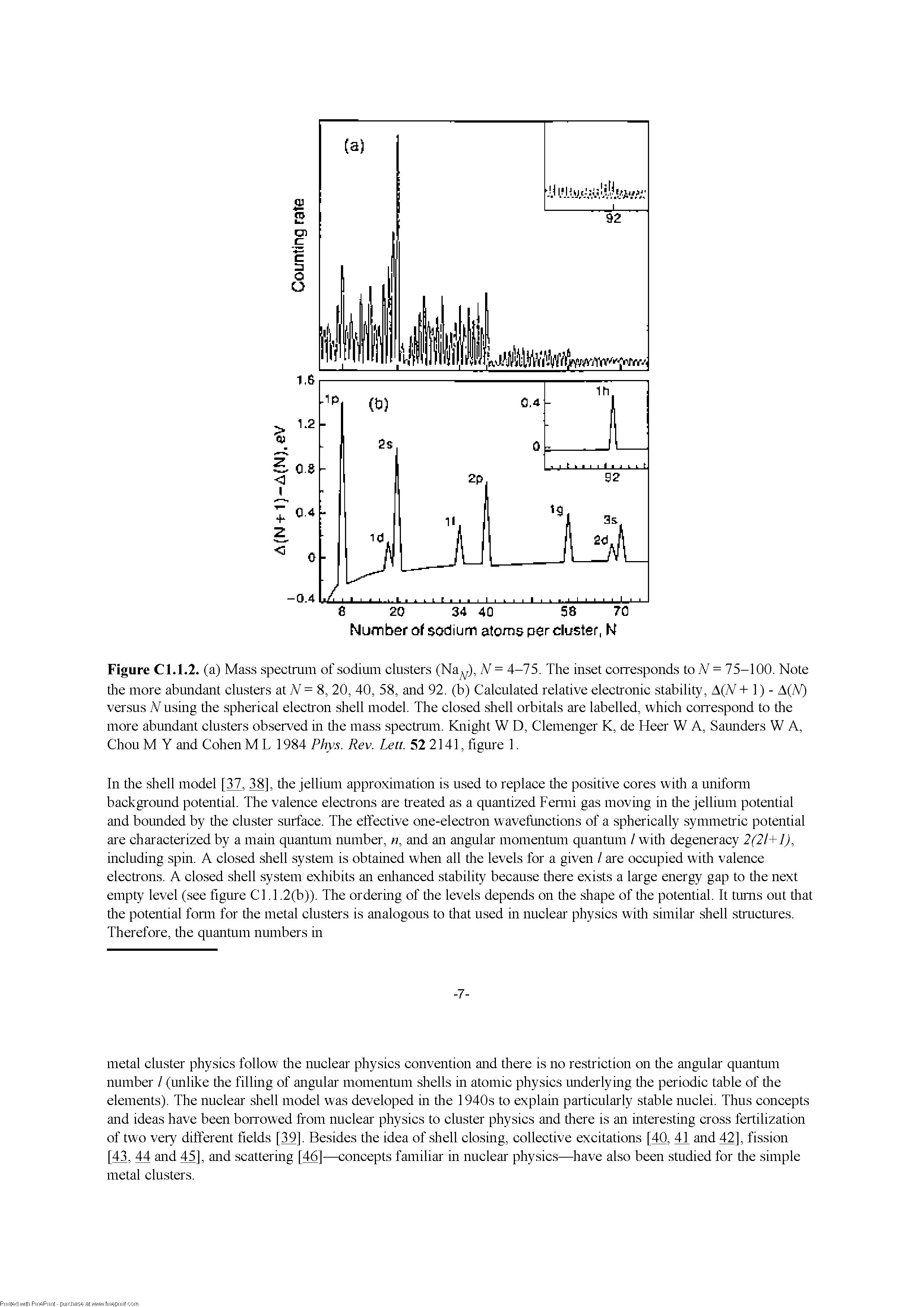 Figure Cl. 1.2. (a) Mass spectmm of sodium clusters (Na ), N= 4-75. The inset corresponds to A = 75-100. Note tire more abundant clusters at A = 8, 20, 40, 58, and 92. (b) Calculated relative electronic stability, A(A + 1) - A(A0 versus N using tire spherical electron shell model. The closed shell orbitals are labelled, which correspond to tire more abundant clusters observed in tire mass spectmm. Knight W D, Clemenger K, de Heer W A, Saunders W A, Chou M Y and Cohen ML 1984 Phys. Rev. Lett. 52 2141, figure 1.