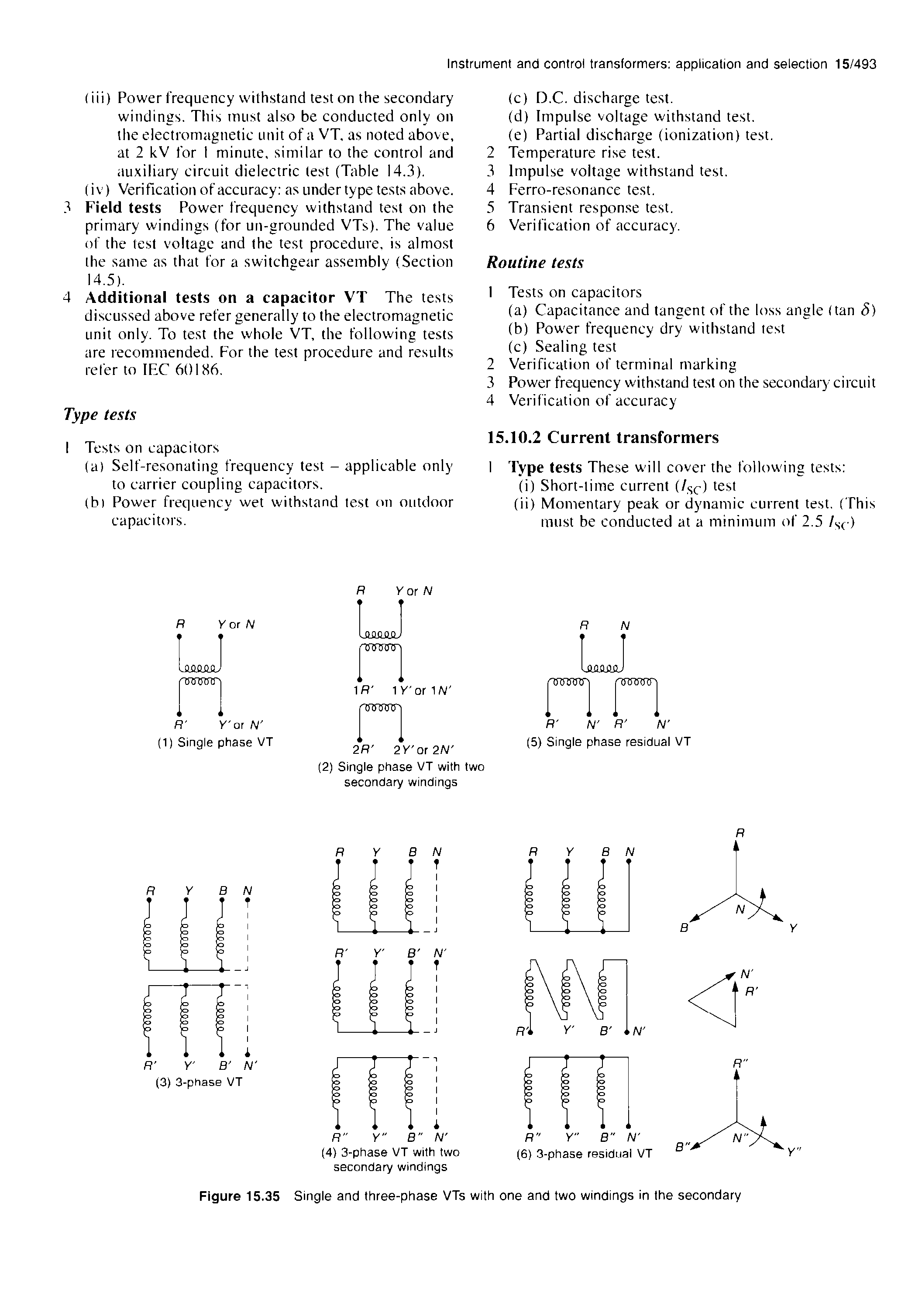 Figure 15.35 Single and three-phase VTs with one and two windings in the secondary...