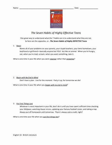 7 Habits Worksheet Pdf Unique Seven Habits Of Highly Effective Teens Worksheet Worksheet