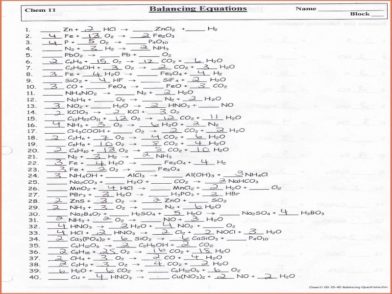 49 Balancing Equation Worksheet With Answers