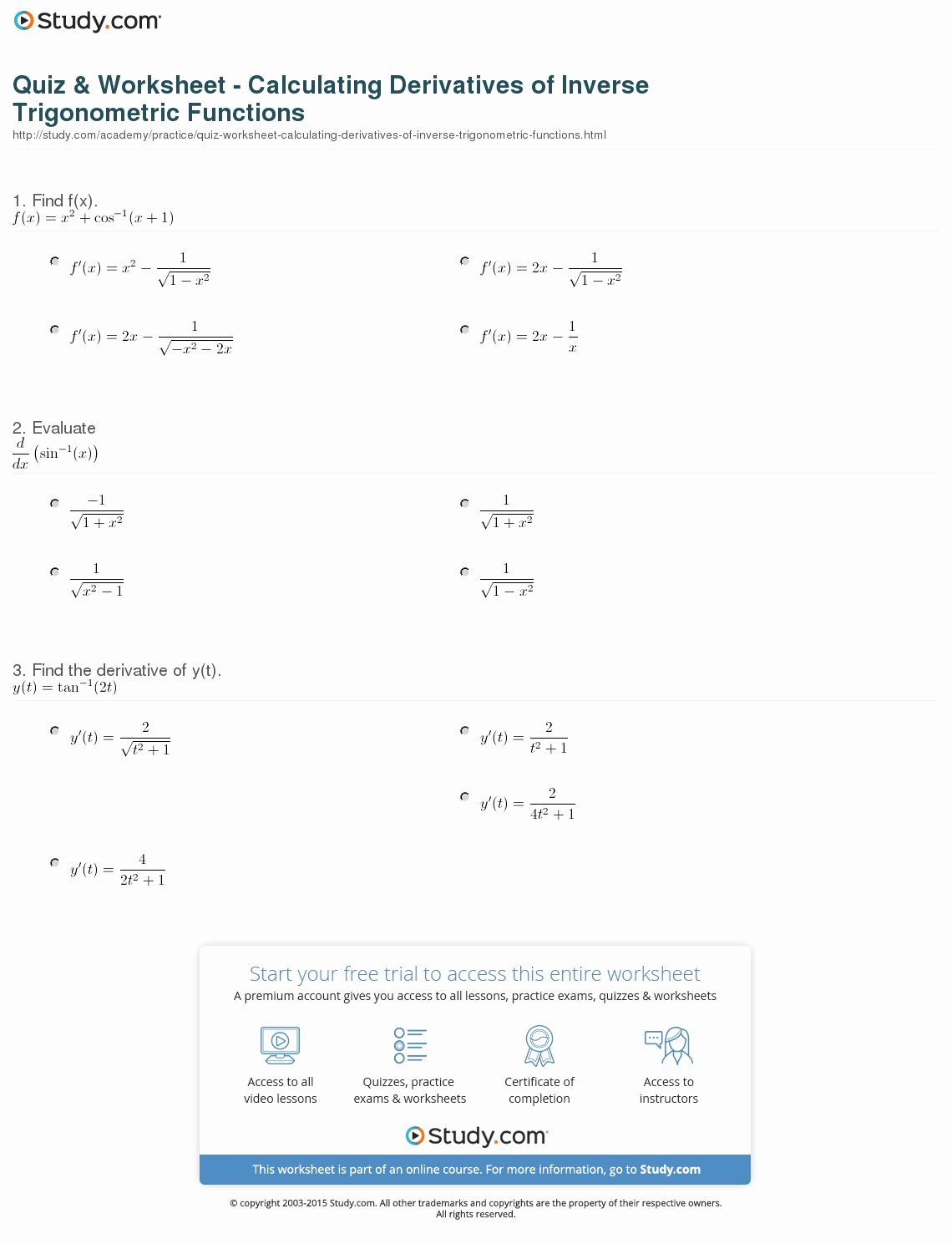 Inverse Functions Worksheet with Answers Awesome Quiz &amp; Worksheet Calculating Derivatives Of Inverse