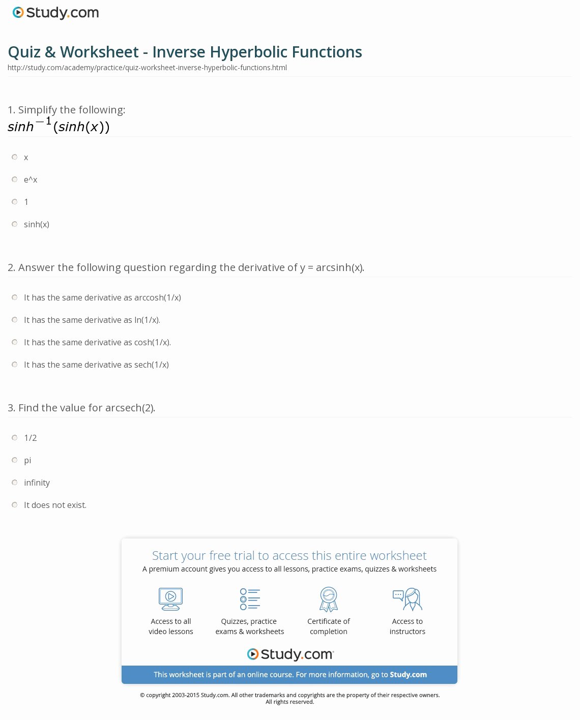 Inverse Functions Worksheet with Answers Beautiful Quiz &amp; Worksheet Inverse Hyperbolic Functions