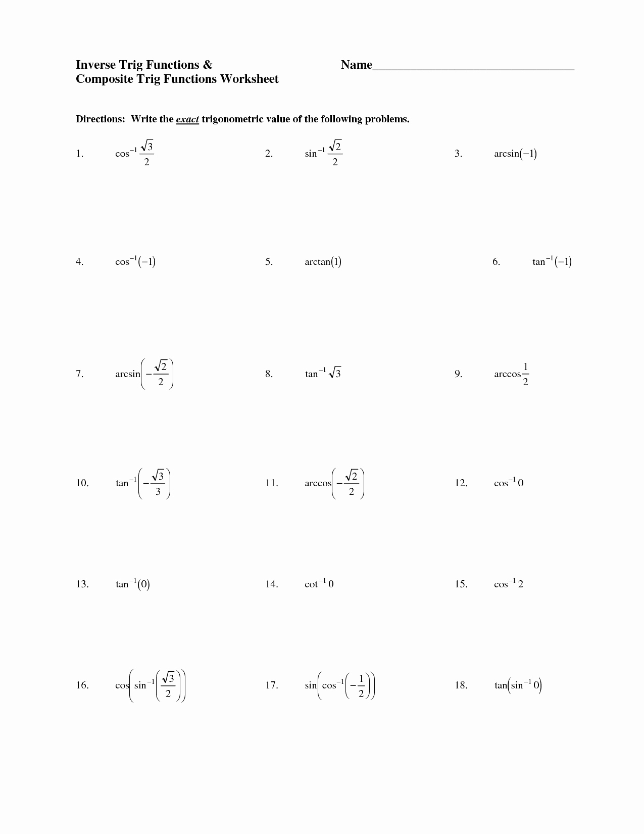 Inverse Functions Worksheet with Answers New 18 Best Of Trigonometry Worksheets and Answers Pdf