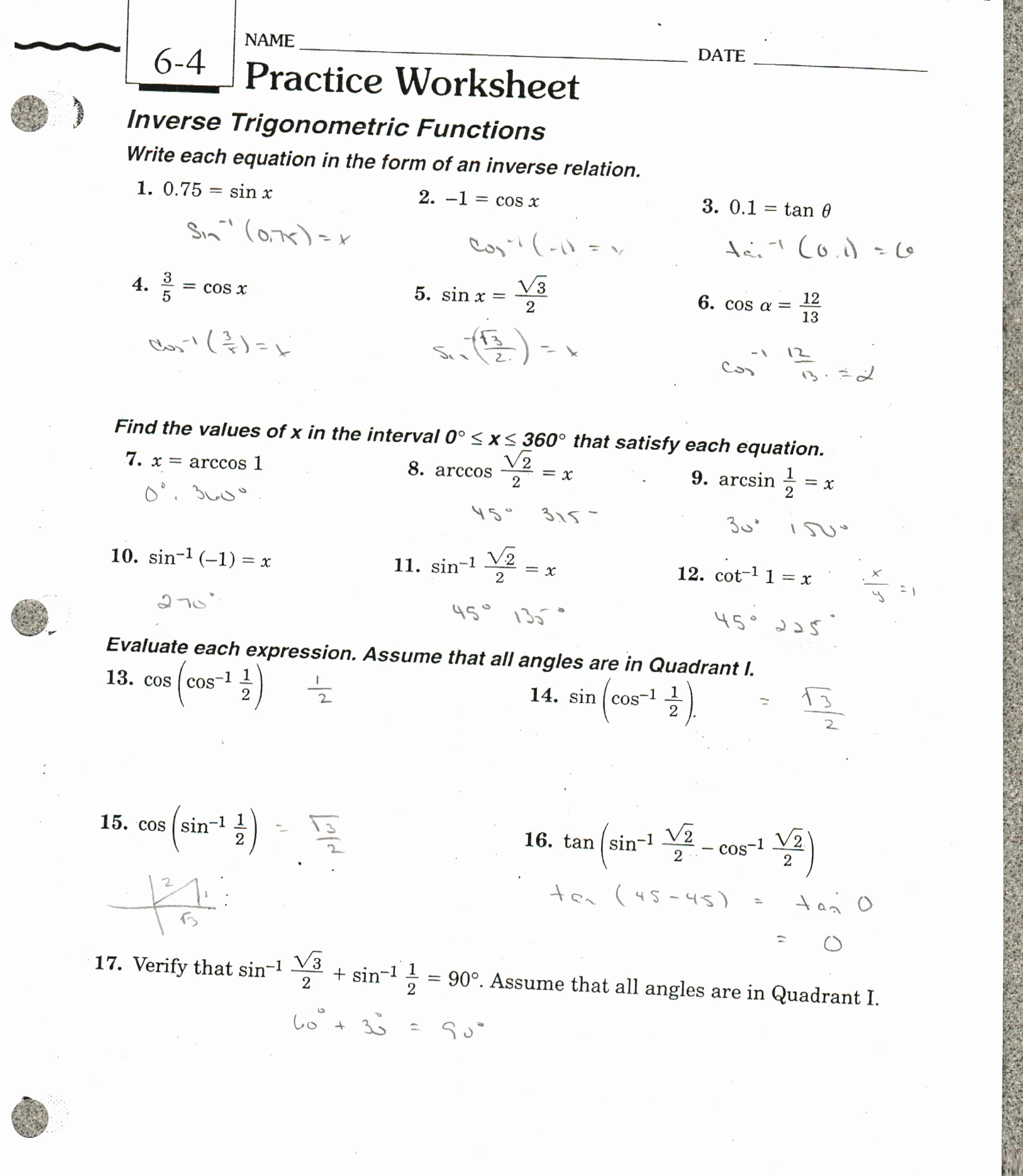 Inverse Functions Worksheet with Answers New Law Sines and Law Cosines Worksheet Lesson 8 5