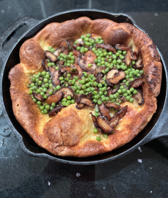 DUTCH BABY WITH MUSHROOMS, CHEESE AND PEAS