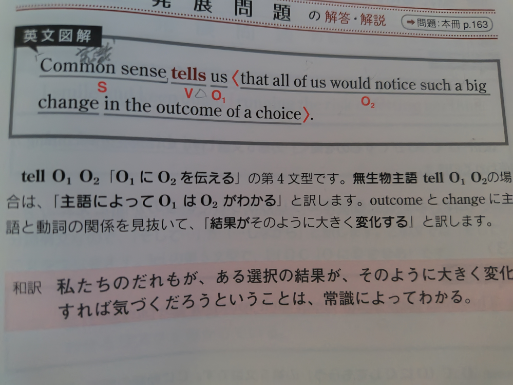 英語の質問です。 画像の英文の読解方法があまり理解できません。 このwouldはwillの確信度を少し弱めたものとしてwouldを使っているということでしょうか？ outcomeとchangeに主語と動詞の関係があるという点も正直ピンとこず、 私たちの誰もが選択の結果におけるそのよう な大きな変化に気づくだろうということは〜 と訳したのですがこれでは駄目でしょうか？ また、that以下を振り分けるとall of usがS、would noticeがV、such a big changeがO in以下がMという認識でよろしいですか？