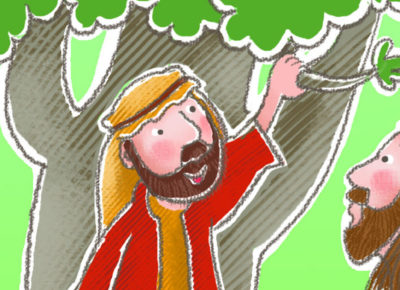 A cartoon drawing of Jesus talking to Zaccheaus in a tree.