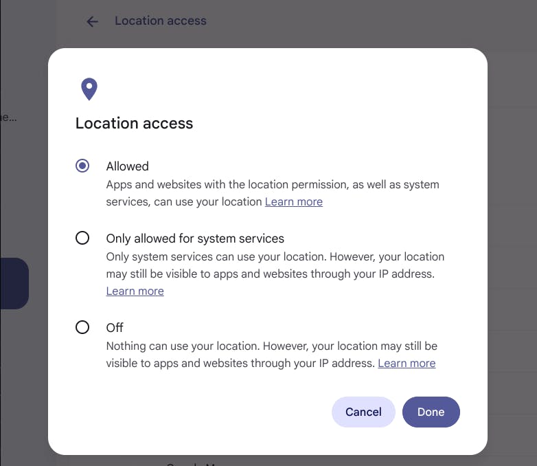 Location access settings dialog, including: Allowed, Only allowed for system services, and Off.