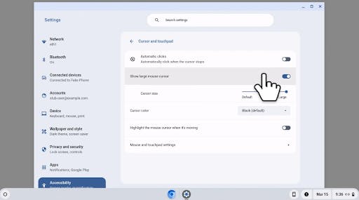 The ChromeOS Accessibility settings page with a large cursor.