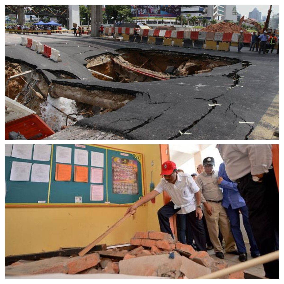 Sinkhole at Bukit Bintang (top) and building damage due to Sabah quake (below). Images from MalayMail and The Borneo Post