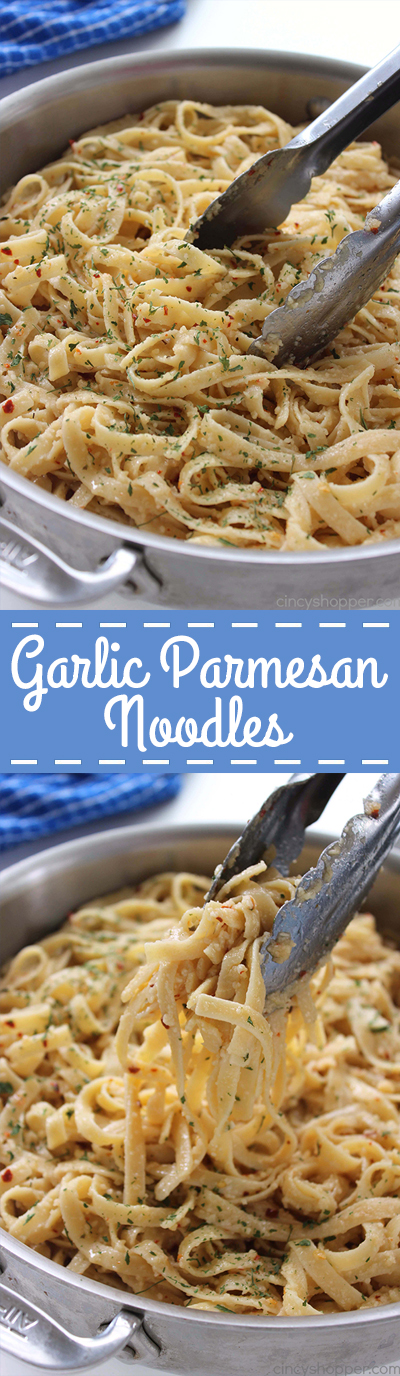 Garlic Parmesan Noodles - perfect side dish with just about any meal. Butter, garlic, noodles, Parmesan, and a few minutes of time needed are all that are needed.