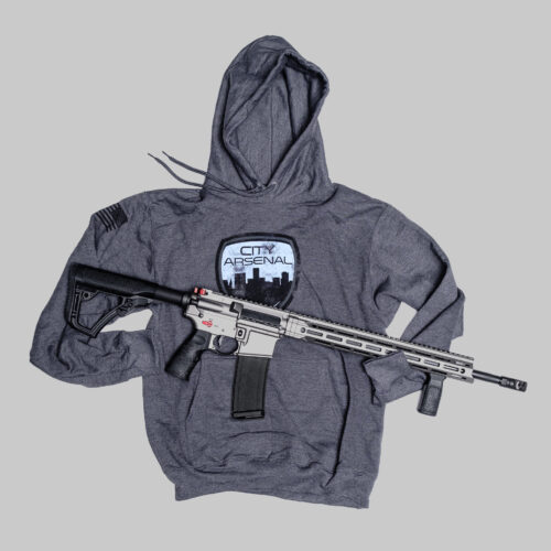 City Arsenal Hoodie, Dark Heather, Distressed Shield Logo and U.S. Flag (HOODIE DH MAIN)