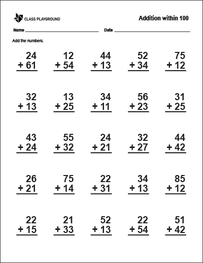 Printable Addition Within 100 Worksheet - Class Playground