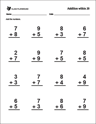 Printable Addition Within 20 Worksheet - Class Playground