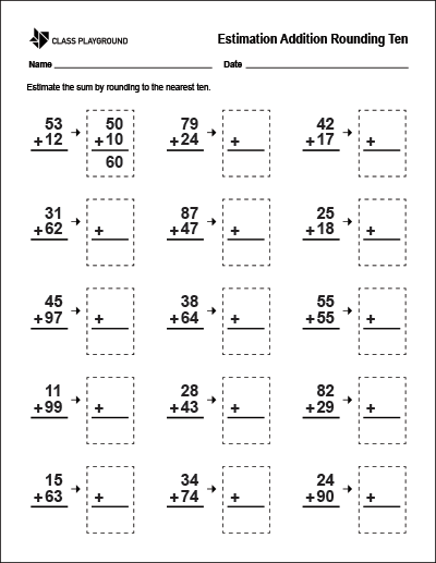 Printable Estimation Addition Rounding Ten Worksheet - Class Playground