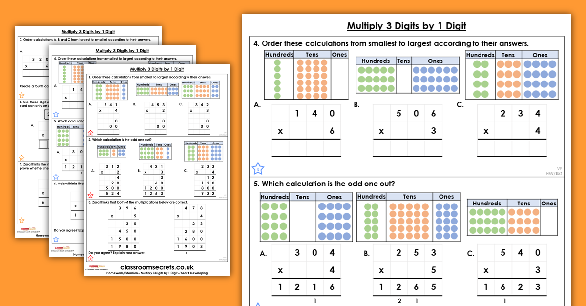 Multiply 3 Digits by 1 Digit Homework Extension Year 4 Multiplication ...