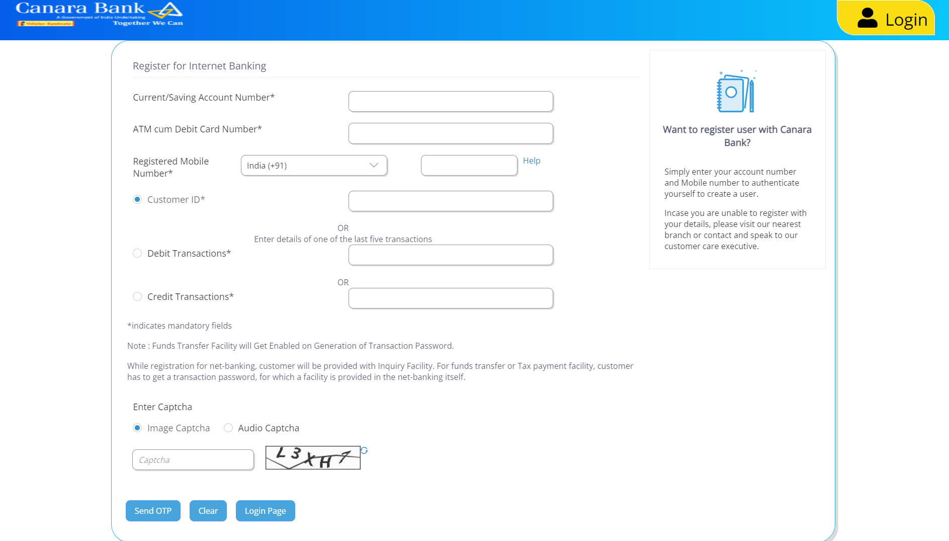 Canara Bank Net Banking OTP