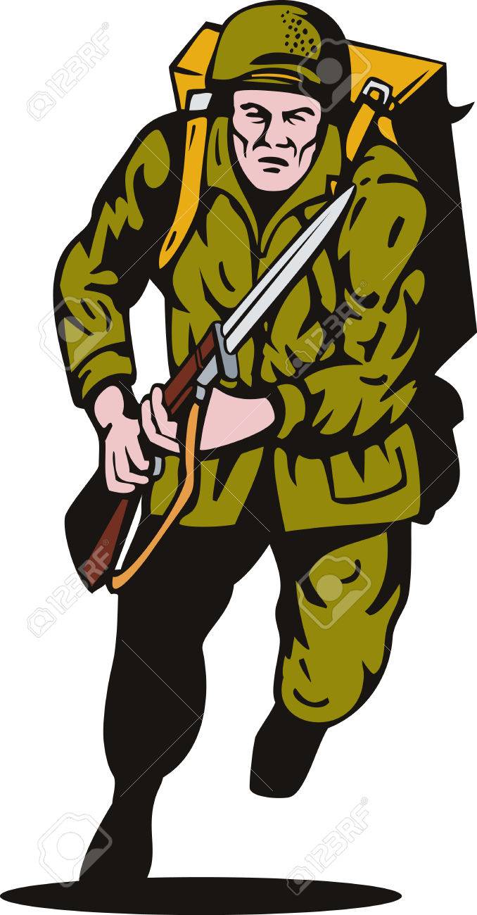 World War II Soldier Bayonet Attacking Royalty Free Cliparts.