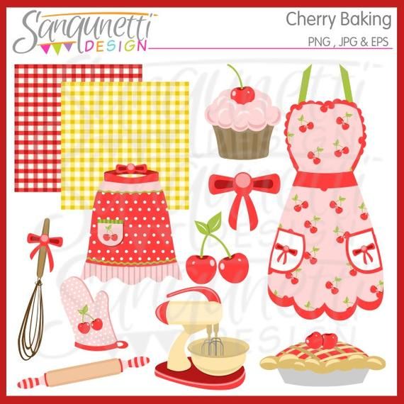 Baking Clipart, retro cherry pie digital art, vintage.