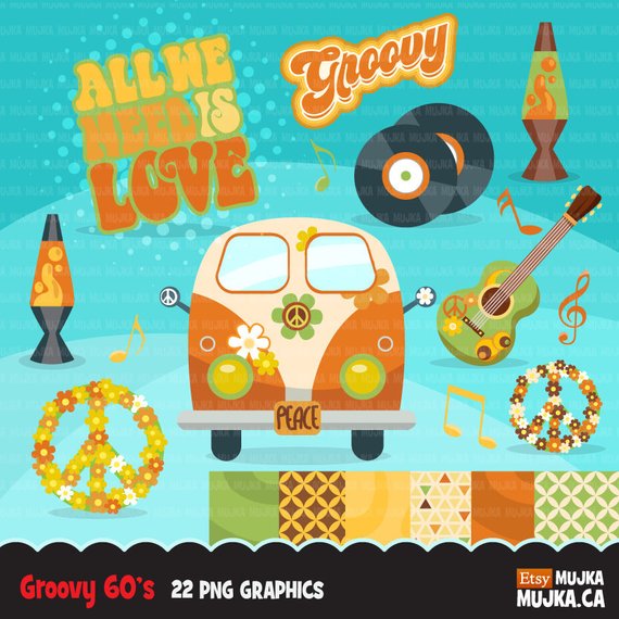 60\'s retro groovy clipart. 70\'s graphics, record, Volkswagen.