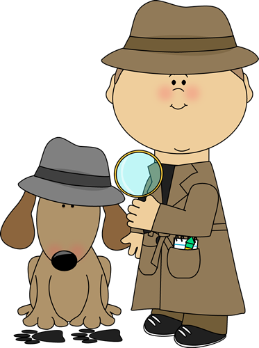 Silhouette of 2 detectives, one with magnifying glass Stock.