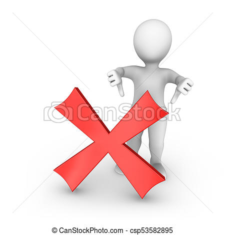 3d white man with negative symbol shows thumbs down.