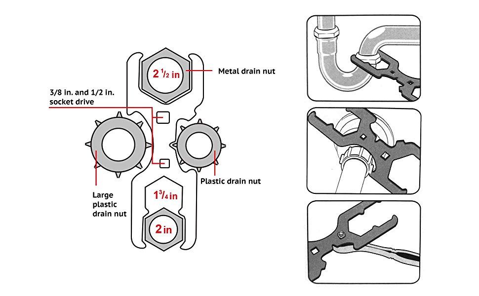HAUTMEC 3 Way Plumber\'s Sink Strainer Wrench, Fits 1.